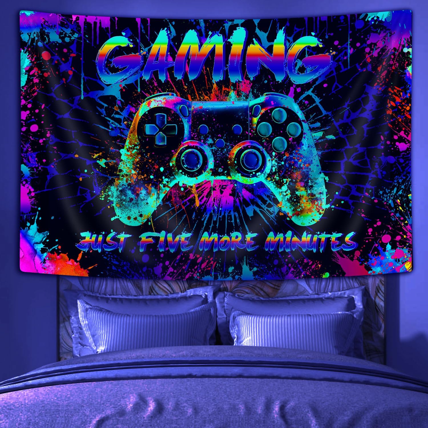 Lacoiime Boys Cool Gaming Graffiti Tapestry Wall Hangings, UV Colorful Gamers Neon Tapestry, Fun Teen Bedroom Room Dorm College Retro 80's Video Game Tapestries, 60 X 40 IN