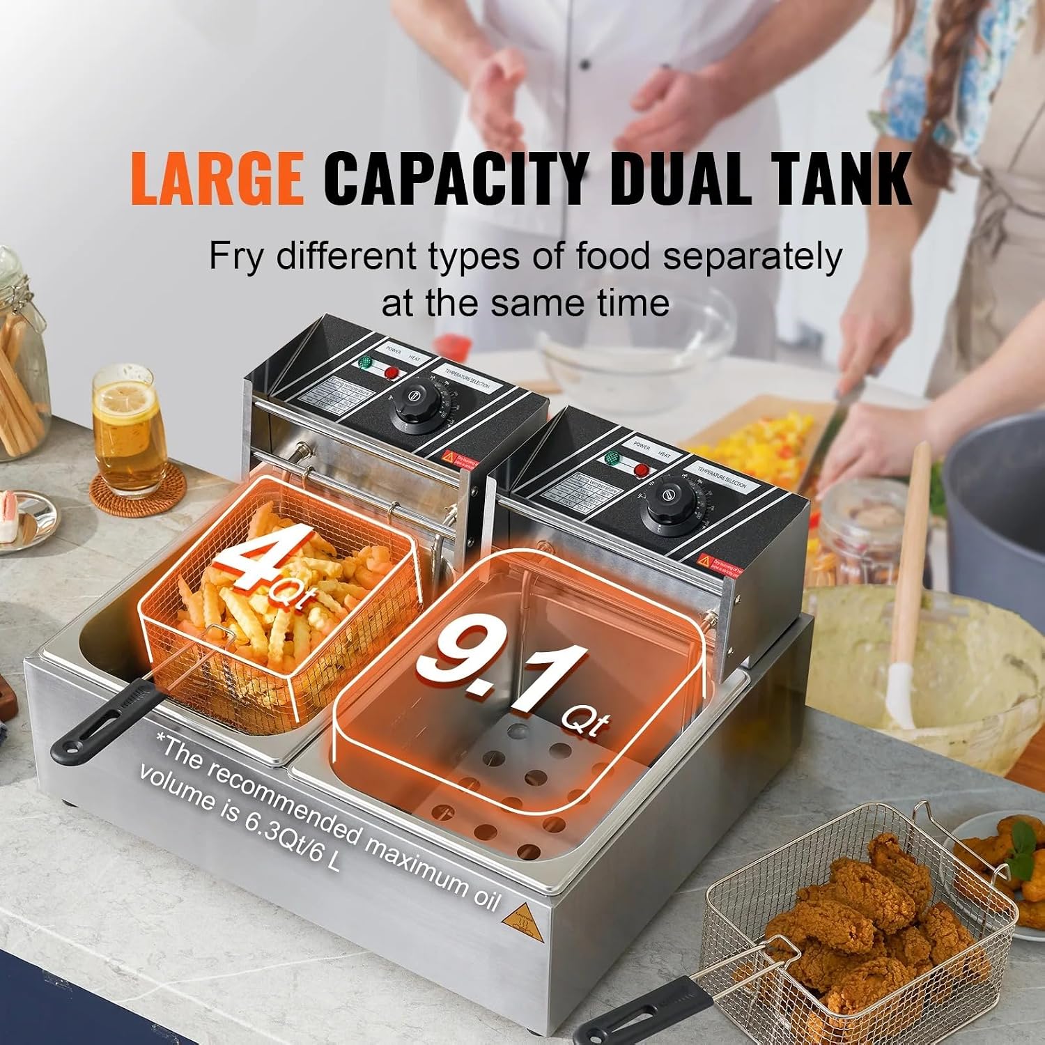 Electric Commercial Deep Fryer 12L Fryer 5000W Twin Basket Dual Tank Countertop Stainless Steel Deep Fryer Professional Oil Frying Machine for French Fries Chicken Fish Restaurant Catering Kitchen