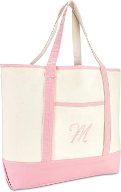 DALIX Womens Cotton Canvas Tote Bag Large Shoulder Bags Pink Monogram A - Z | Large