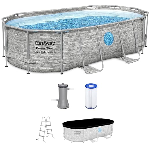 Bestway Power Steel Swim Vista Series II 14' x 8' 2" x 39.5" Above Ground Outdoor Swimming Pool Set with 530 GPH Filter Pump, Ladder, and Pool Cover