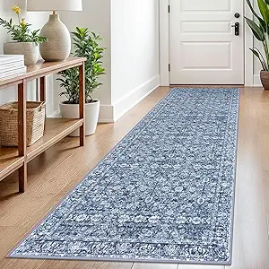 2.6x8 Blue Washable Runner Rug for Kitchen, Soft Classic Runner with Non-Slip, Non-Shedding Distressed Floral Rug for Hallways Entryway Bedroom Bathroom Laundry Indoor
