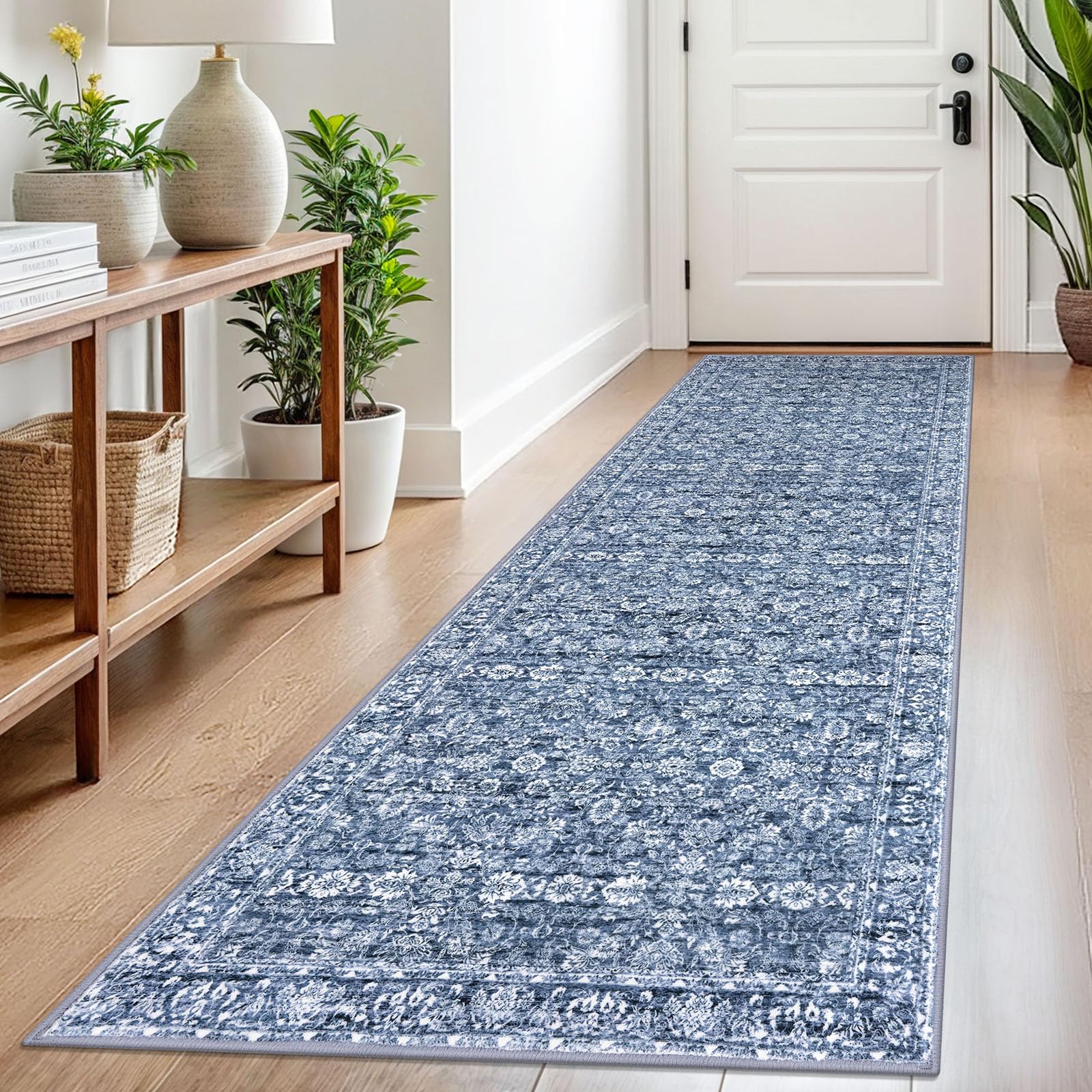 SIILOOM 2.6x8 Runner Washable Rug for Kitchen, Blue Soft Classic Runner with Non-Slip, Non-Shedding Distressed Floral Rug for Hallways Entryway