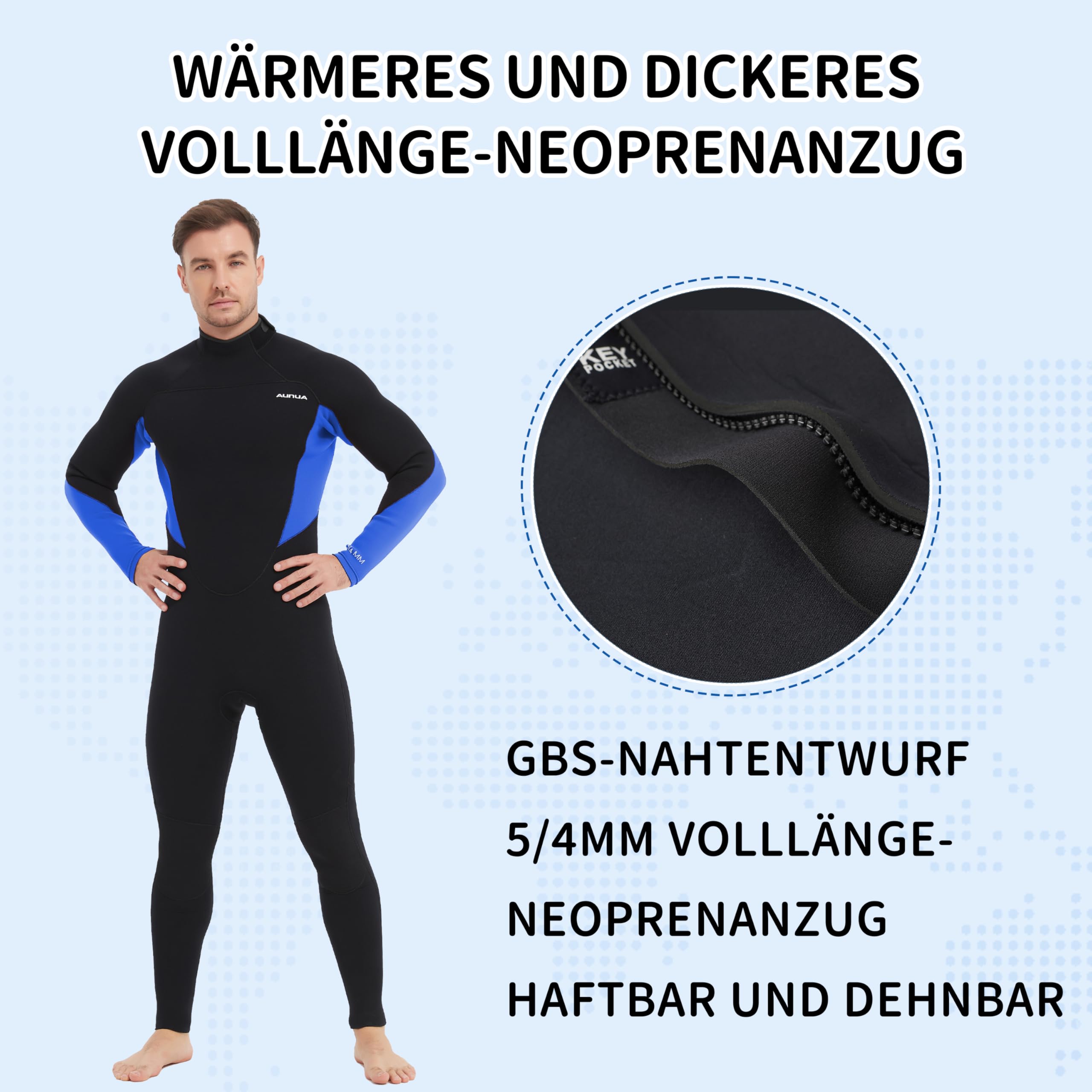 Herren Neoprenanzug 5 mm, Rückenreißverschluss, Vollanzug, Superelastisches Neopren, GBS-Nähte, Surfanzug