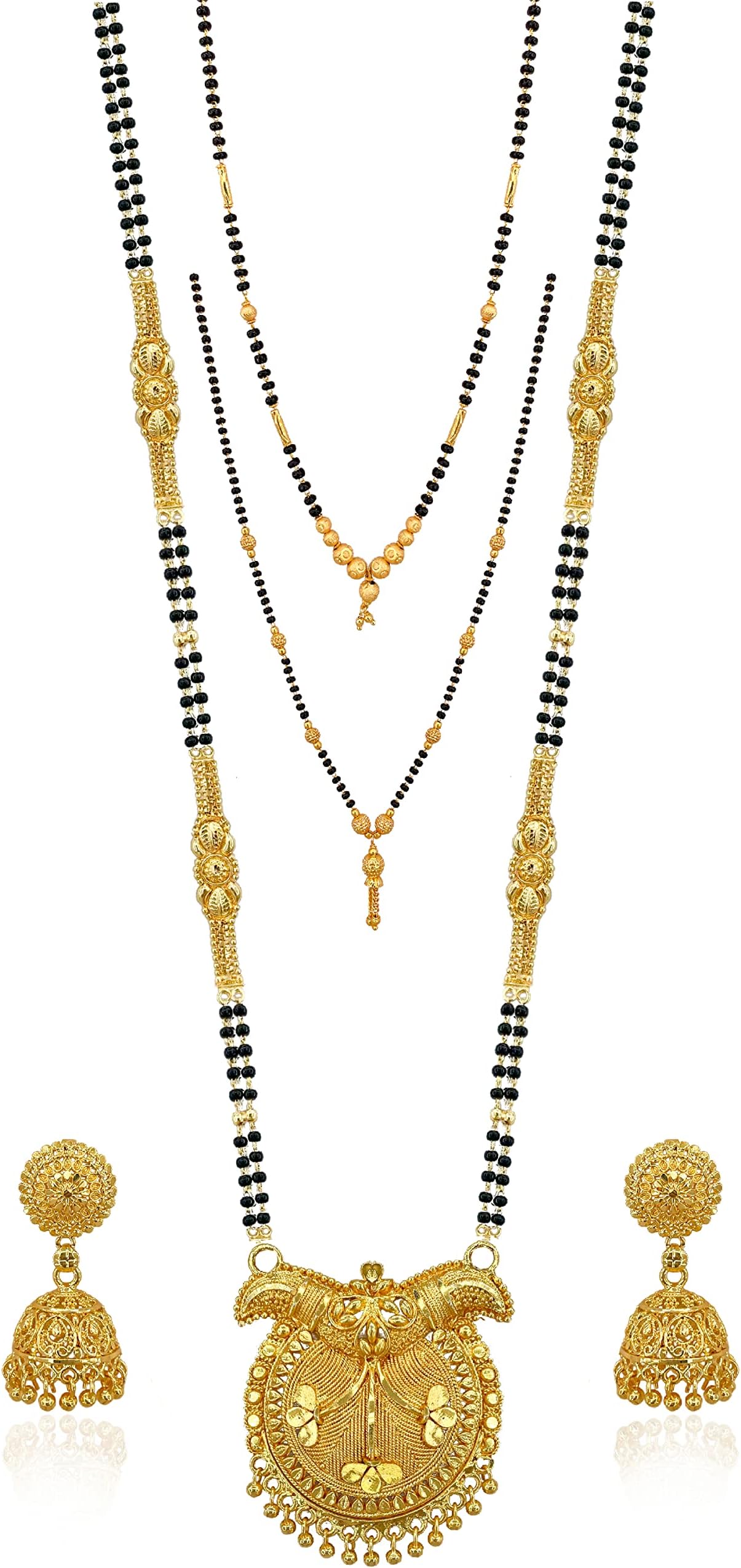 Brado JewelleryTraditional Gold Plated 30inch Long and 18inch short 2 Inch Earring Combo Of 3 Mangalsutra/Tanmaniya/nallapusalu/Black Beads For Women and Girls