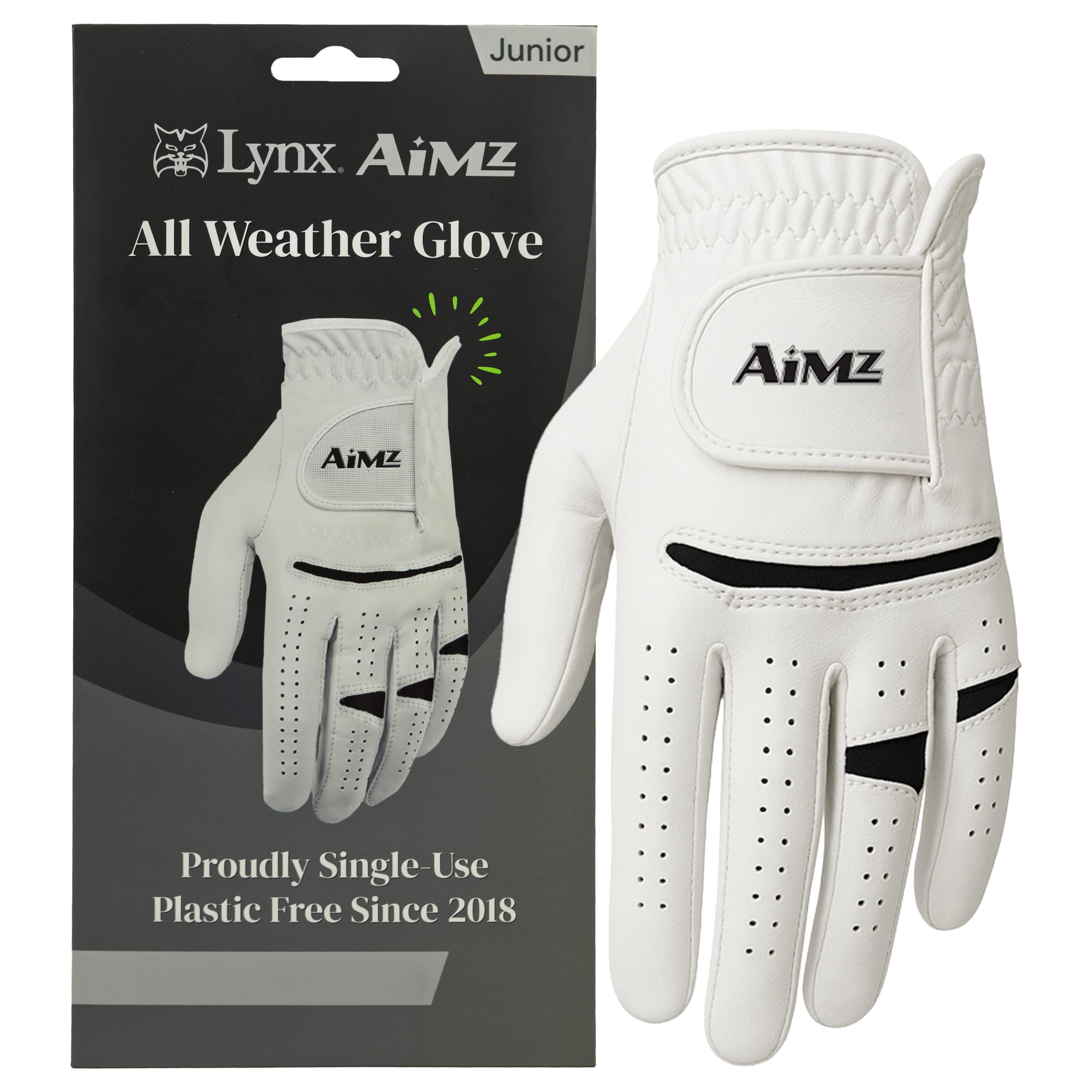 Lynx Junior Golf Glove – LEFT Hand, X Small, White/Black Logo. Premium kids glove for right-handed golfers. Comfortable, durable, flexible fit. Ideal junior golfing accessory or gift.