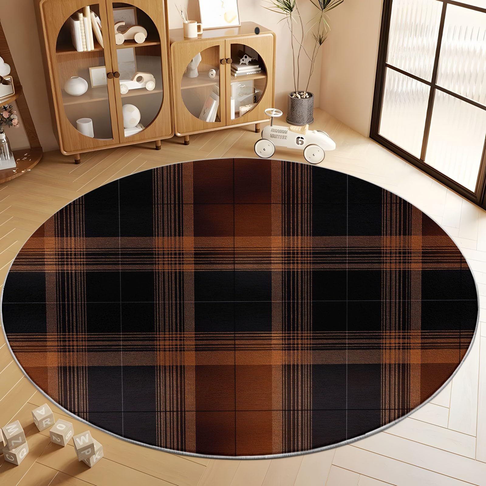 Waschbare Runde Teppiche 100 cm, Schwarz Braun Streifen Karos Rutschfester Runder Teppich für Wohnzimmer - Vintage Stil Weicher Niedrigfloriger Teppich für Unter den Esstisch Kinderzimmer