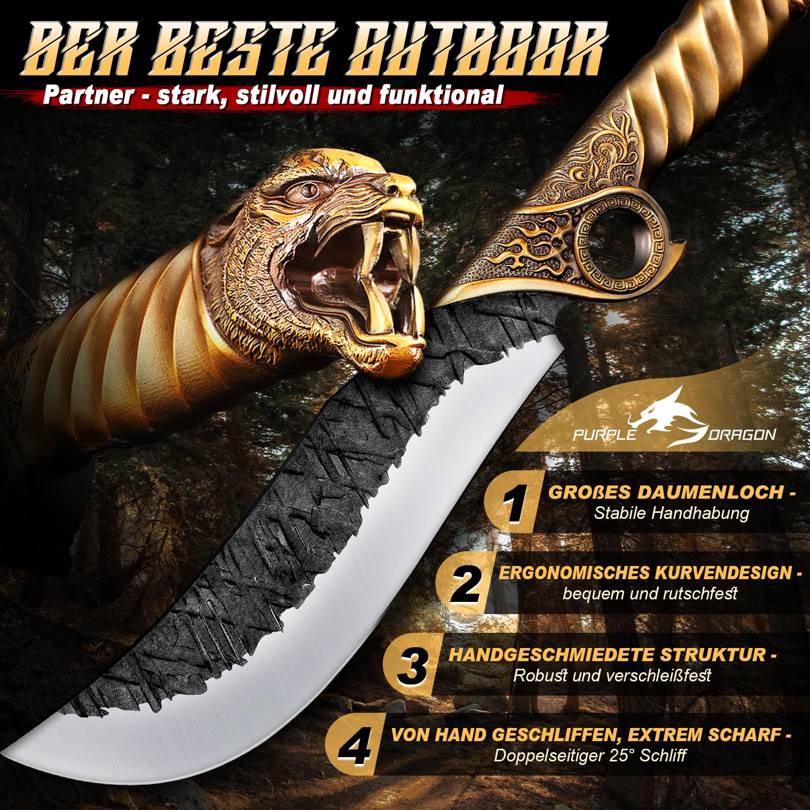 Purple Dragon Outdoor Messer 5mm Klinge Manganstahl Zinkgriff mit Scheide | Outdoor Messer, 5mm starke Klinge aus Manganstahl, robuster Zinklegierungsgriff, mit Scheide, ideal zum Holzhacken und Campen