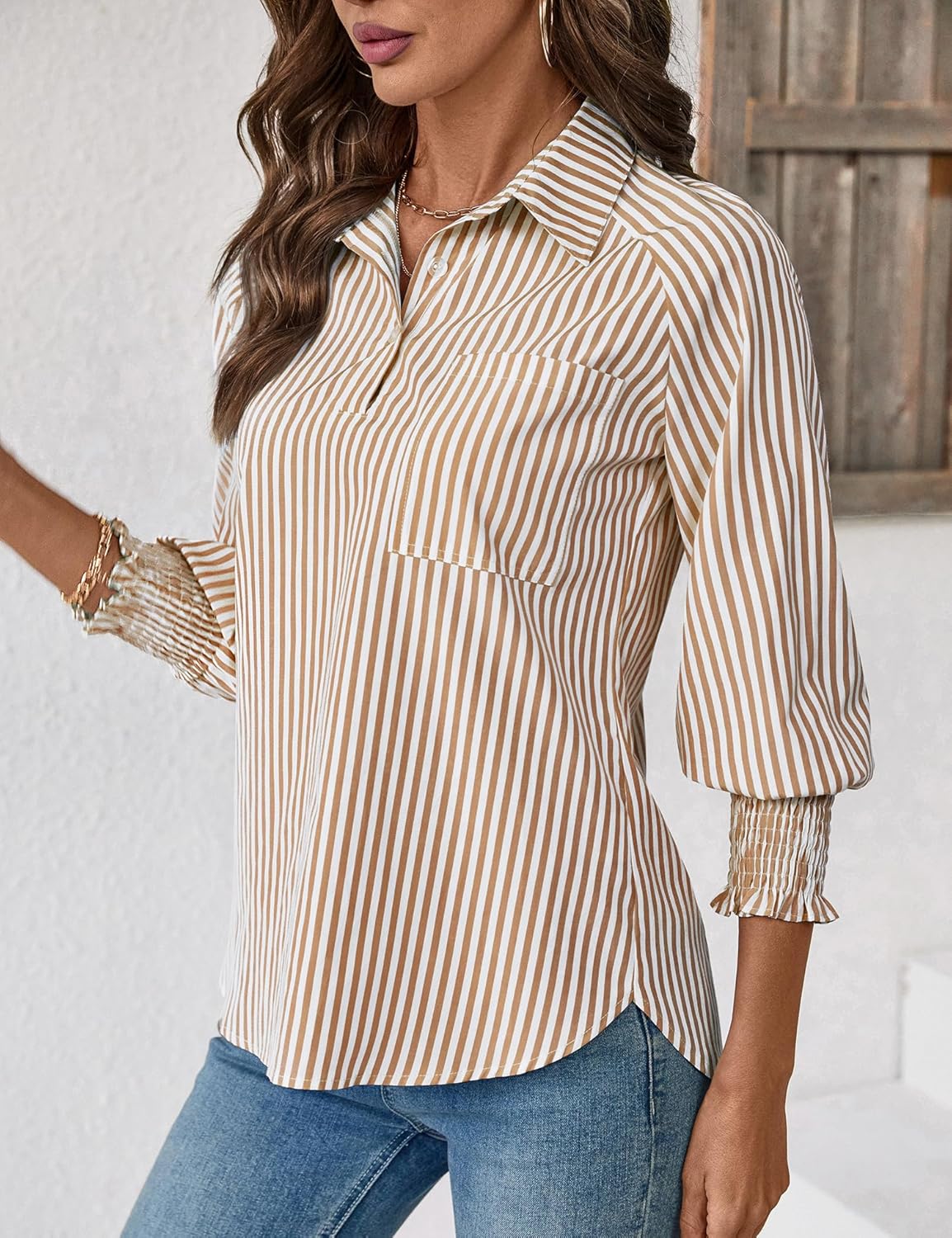 Kistore Women Blouses 3/4 Sleeve Business Shirts Smocked Cuffed Spring Dressy Casual Tops 2026 Fashion S-XXL - Image 2