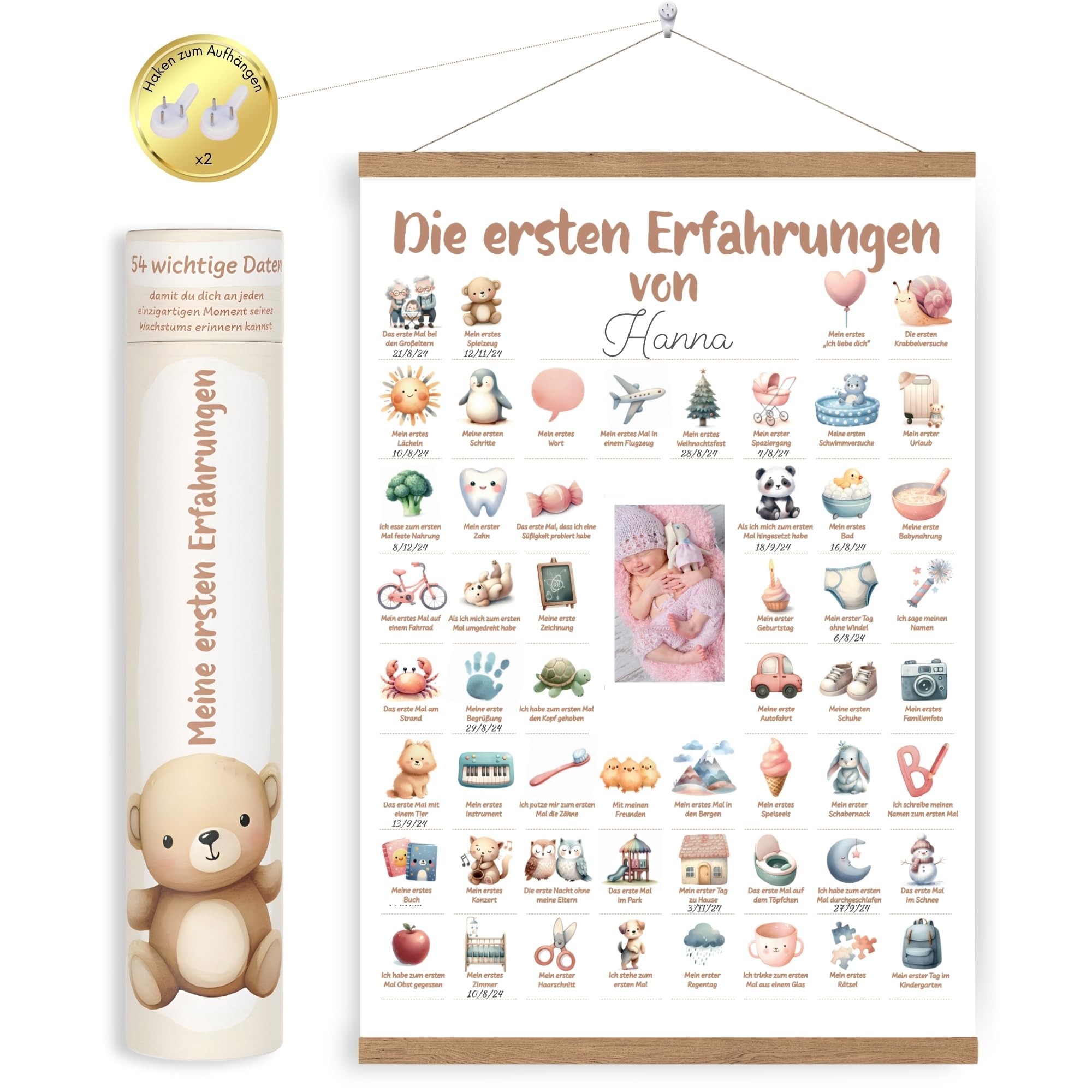 HuBorns - Poster Meine Ersten Mal, zur Verfolgung der Meilensteine Ihres Babys, Individuell Gestaltbar mit Daten, Babygeschenke, Dekoration für das Babyzimmer, IInklusive Holzleisten zum Aufhängen