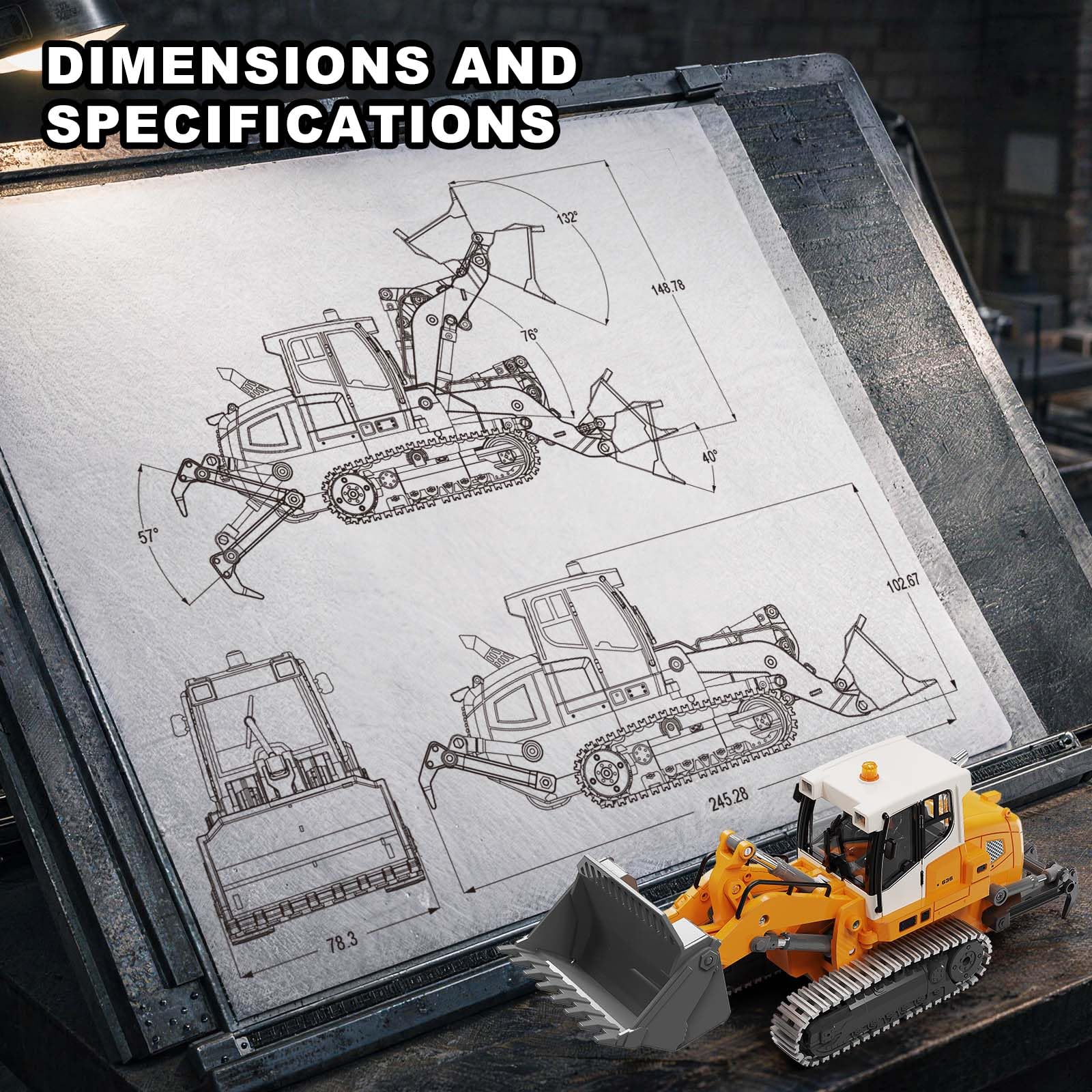 Bulldozer Teledirigido Profesional Mini 1:50 para Arena y Arenero, Cargadora RC de Orugas con Pala Metálica, Cadenas Metálicas, Mando LCD 2,4 GHz, Luces y Sonido, 2 Baterías