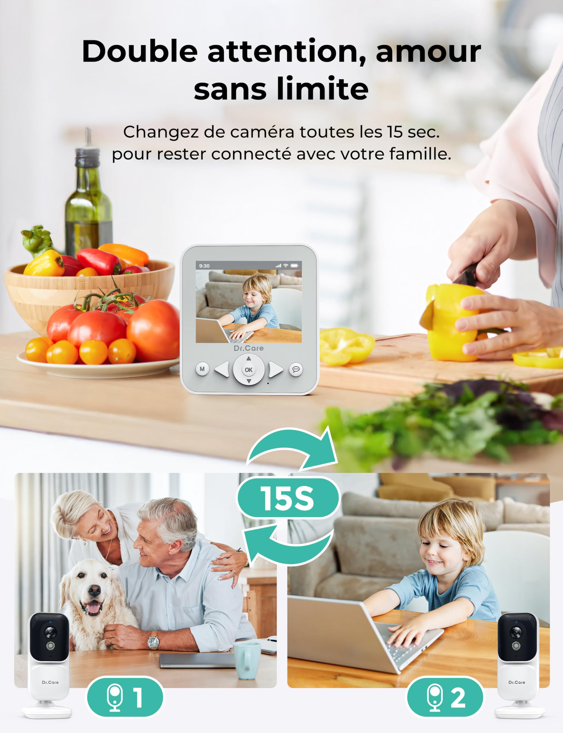 Dr.Care NeoView Babyphone Caméra Vidéo - Écran 2.8" 1500mAh, Surveillance Bébé, Audio Bidirectionnel, Vision Nocturne, VOX, Capteur de Température, Berceuses, Clip Ceinture