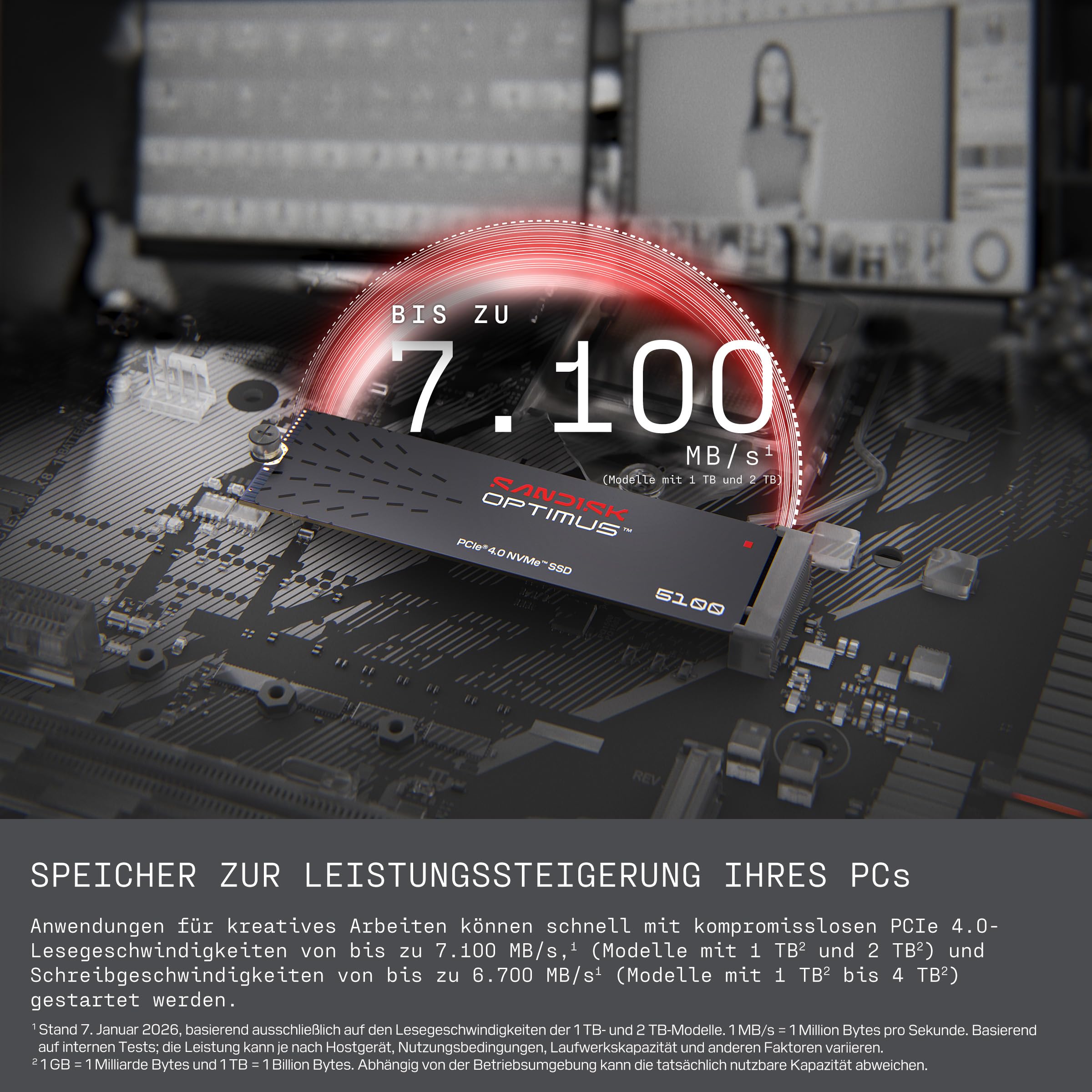 SANDISK Optimus 5100 NVMe SSD 500 GB (bis zu 7.100/6.700 MB/s sequentielles Lesen/Schreiben, M.2 2280, PCIe 4.0x4)
