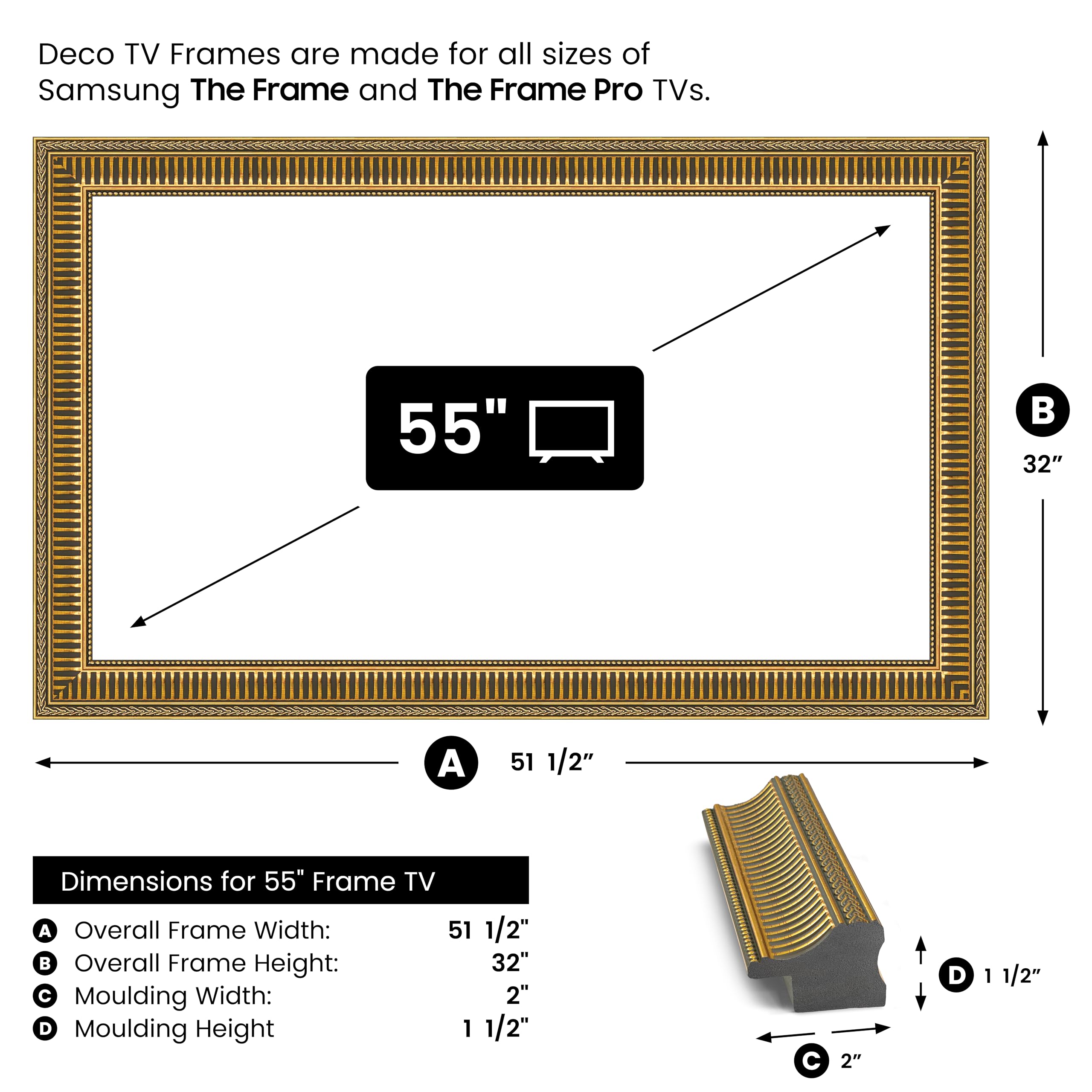 Empire Gold 55" Slim Deco TV Frame - Compatible ONLY with Samsung The Frame TVs (Fits 2021-2025, LS03A, LS03B, LS03C, LS03D, LS03FA)