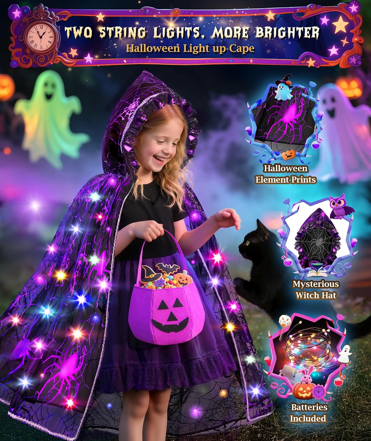 Light up Witch Cape, Halloween Costume for Girls 3 4 5 6 Halloween Dress up