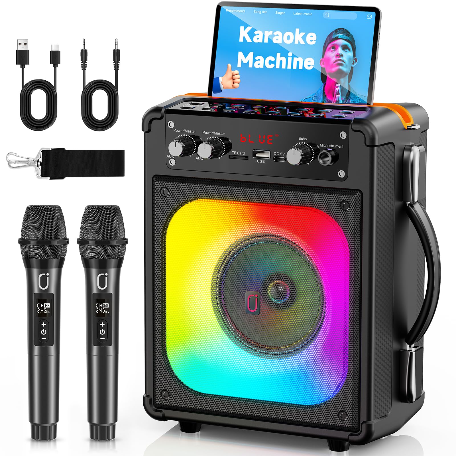 HWWR Enceinte Karaoke Adulte avec 2 Microphones sans Fil, 2 30W Conférencier, Haut-Parleur Karaoke Complet avec Lumières de Fête, Portable Système Karaoké Support TWS/AUX/FM/USB/TF Carte