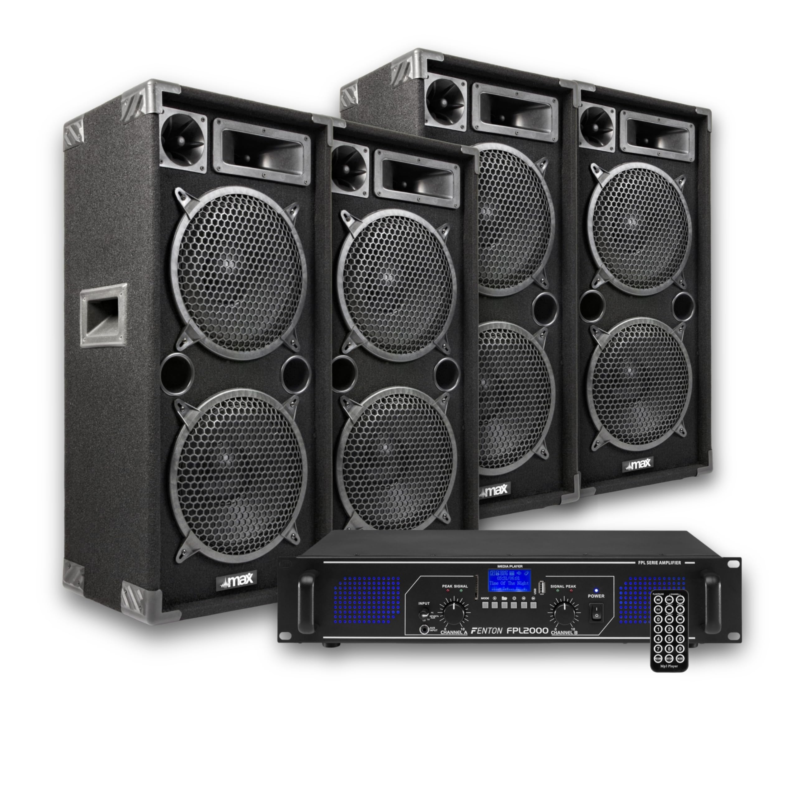 Fenton MAX212 + FPL2000 - Set DJ 5600W con 4 Altavoces Doble 12" y Amplificador Digital Clase D Bluetooth con USB/SD, Mando a Distancia, Pantalla LCD e iluminación LED Azul Profesional