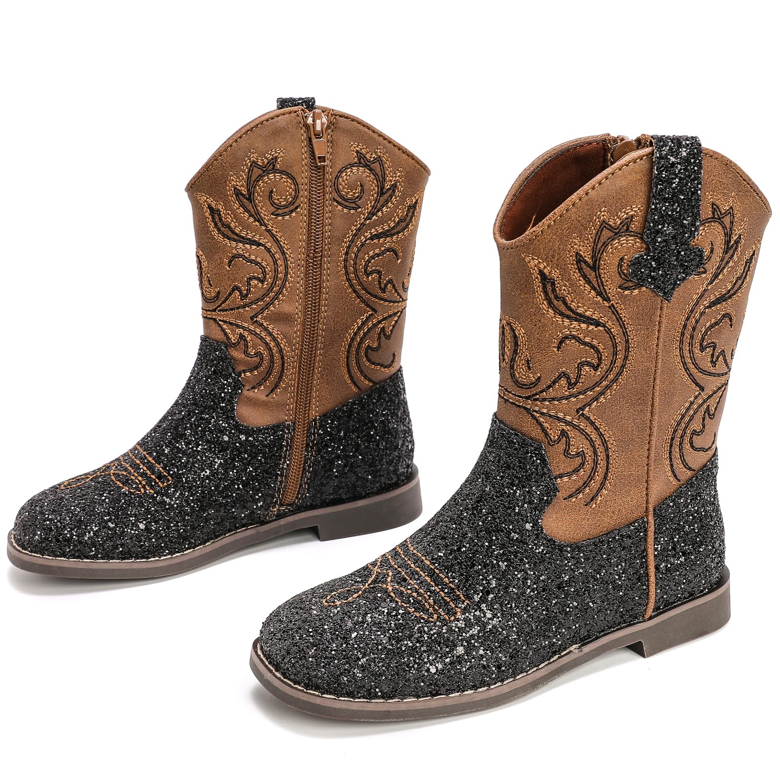 DADAWEN Garcon Bottes de Cowboy Marron Enfant Filles Occidentales Classiques Daim Vintage Broderie Bottes de Mi-Mollet