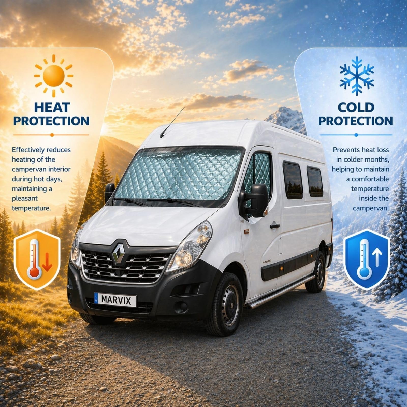 Marvix Interner Kabinen-Bildschirm Thermo-Rollos Premium 9-lagige Fensterabdeckung für Renault Master ab 2010 & Movano 2010-2020 Wohnmobil-Campervan-Isolierung-Sonnenschutz