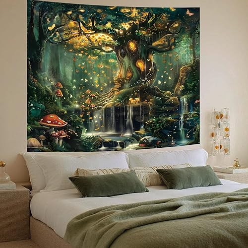 Miniatura 7 de Apdidl Tapiz de pared de bosque para dormitorio, árbol de la vida verde natural, tapiz para colgar en la pared, cuento de hadas, paisaje mágico para