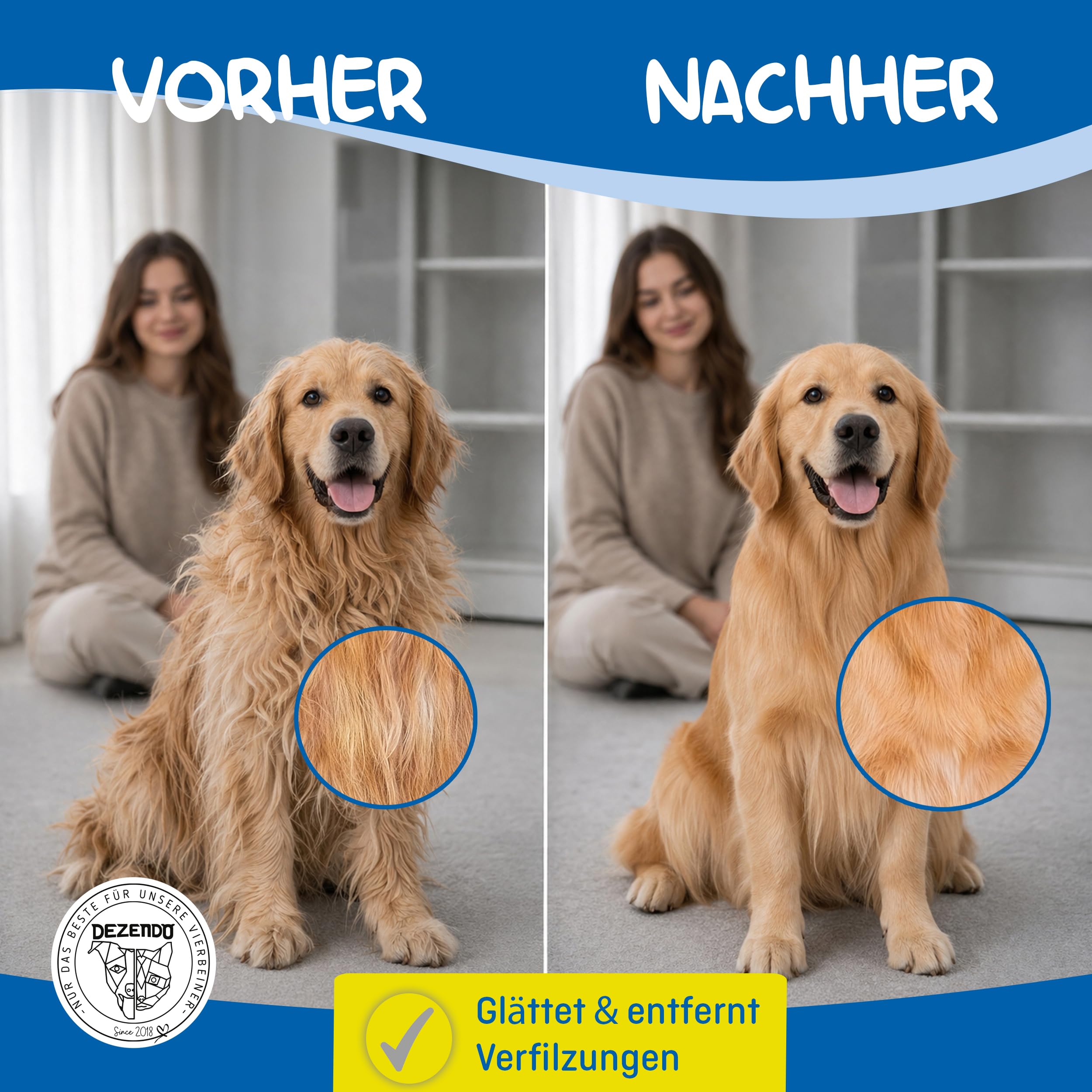 Unterfellbürste für Hunde & Katzen mit MITTEL- & LANGHAAR (Gr. M-L) - Hundebürste & Katzenbürste gegen Verknotungen & für Fellpflege (ohne ziepen) - Fellbürste für Unterwolle & Unterfell