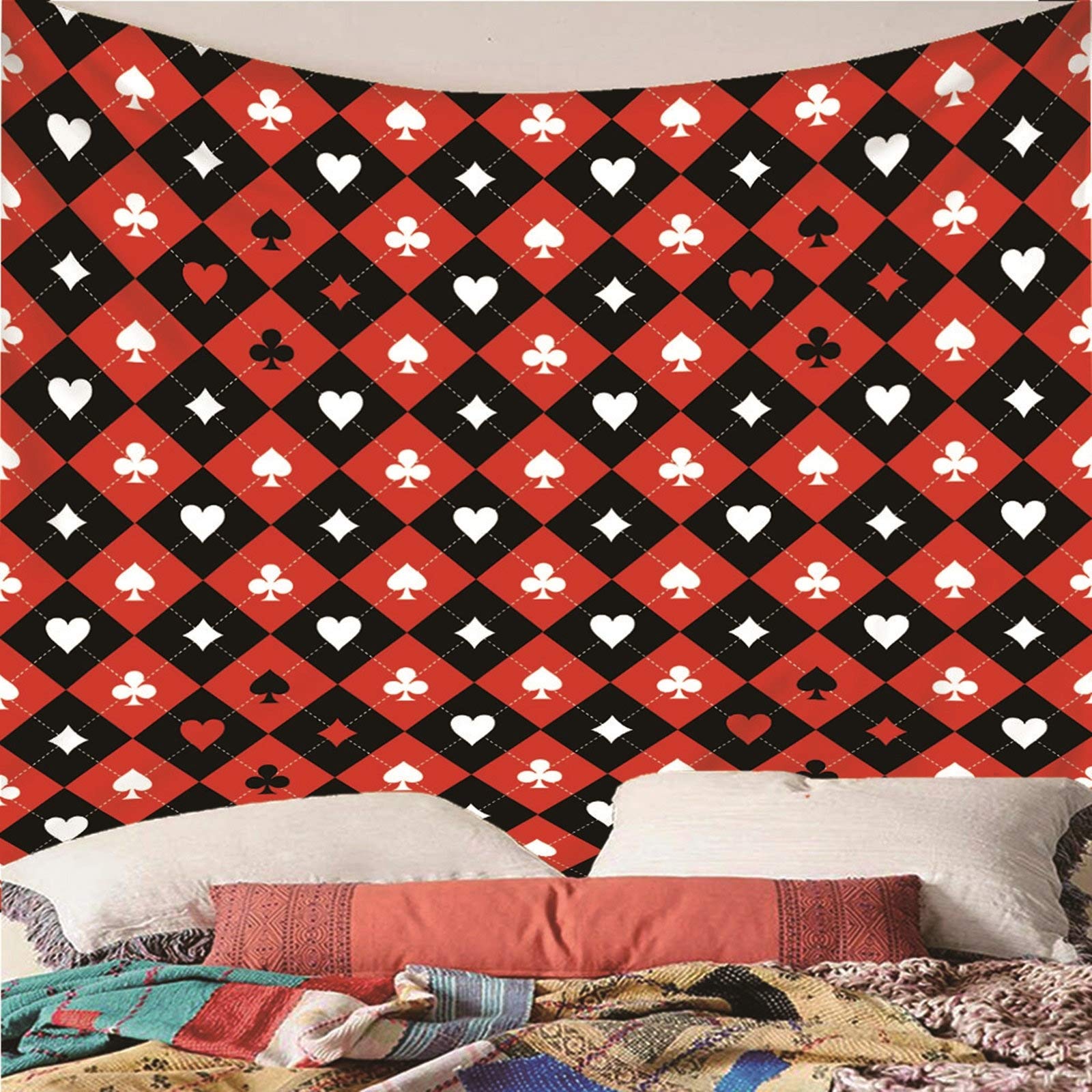 Aeici Tela Pared Playa, Wall Hanging Tapiz de Pared Patrón de póquer Tapiz- Negro Rojo Blanco, 240x220CM
