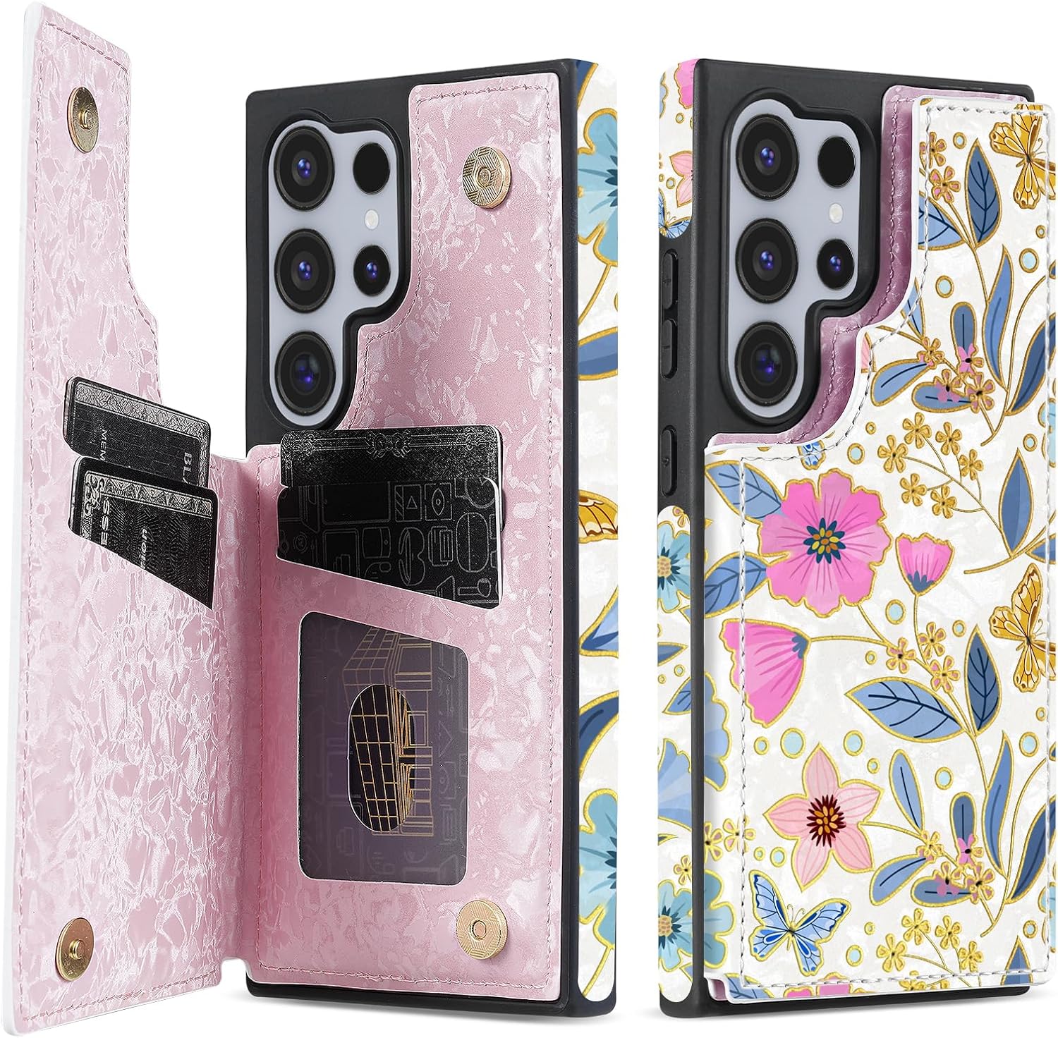 NNH Compatible with Samsung Galaxy S22 Ultra Wallet Case with RFID Blocking Card Slots Flip PU Leather Kickstand Double Magnetic Clasp Design Cover for Galaxy S22 Ultra(6.8 inch-Butterfly Flowers)