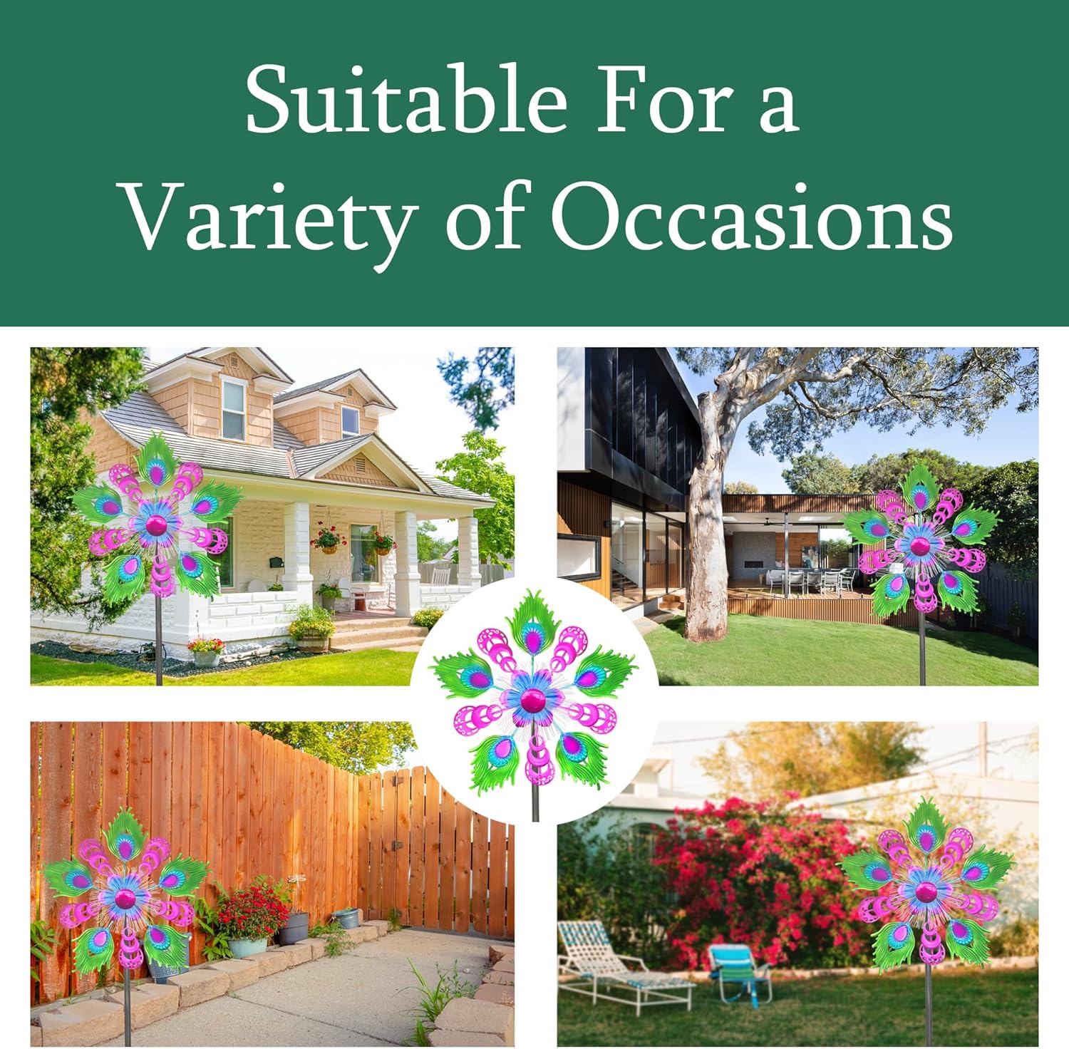 Solar Peacock Wind Spinners for Yard & Garden - 40 Inch Metal Wind Sculpture, Kinetic Windmill with Multi Color LED Lights, Lawn & Patio Art Decor