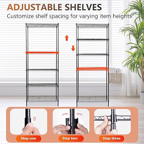 Miniatura 5 de FDW Estantes de almacenamiento de alambre de 5 niveles 24 x 14 x 59 pulgadas Negro Estantes ajustables Estante de metal resistente, soporta