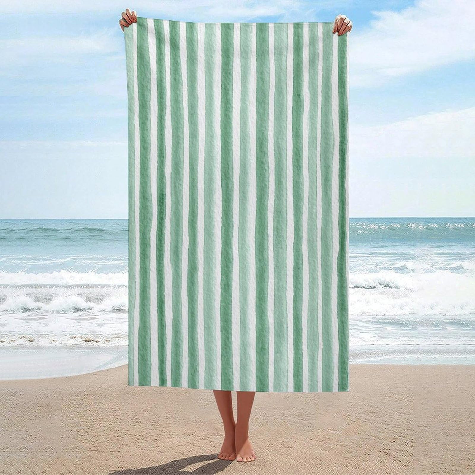 LSRCPD Vintage Watercolor Vertical Pastel Green Stripes Beach Towel Sand Free Microfiber Large Shower Towels Multipurpose Absorbent for Bathroom Pool 130x80 CM