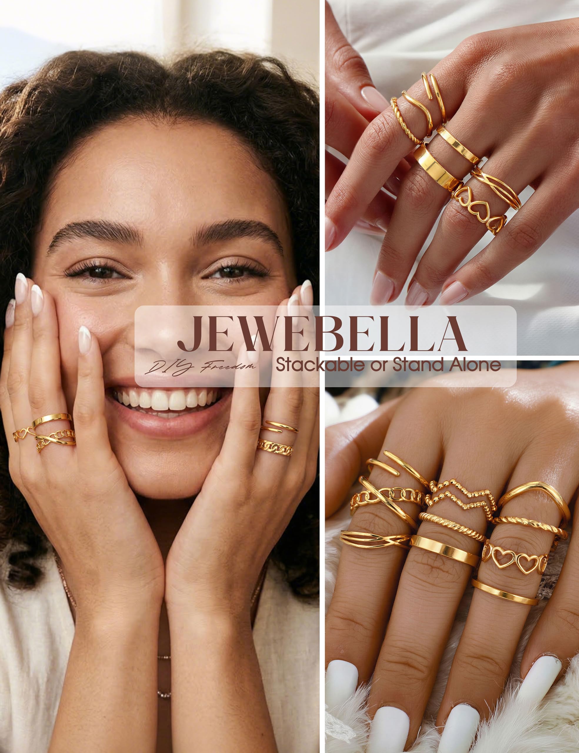 JeweBella 12 Stück Ringe Gold Silber Wasserfest Ring Damen Edelstahl 18K Vergoldete Trendy Stapelbare Offene Ringe Set Frauen Verstellbar Daumenring Fingerring Stapelringe Damen Schmuck