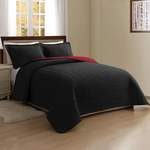 Miniatura 6 de Elegant Comfort Juego de colcha reversible acolchada de 3 piezas con fundas de almohada, exquisitas costuras majestuosas para todas las estaciones,
