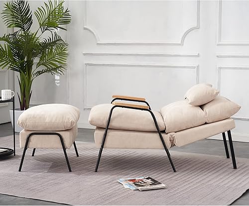 Miniatura 4 de MCombo Moderno sillón reclinable con otomana, sillón de tela de lino con respaldo ajustable, sofá individual para sala de estar y dormitorio 4055