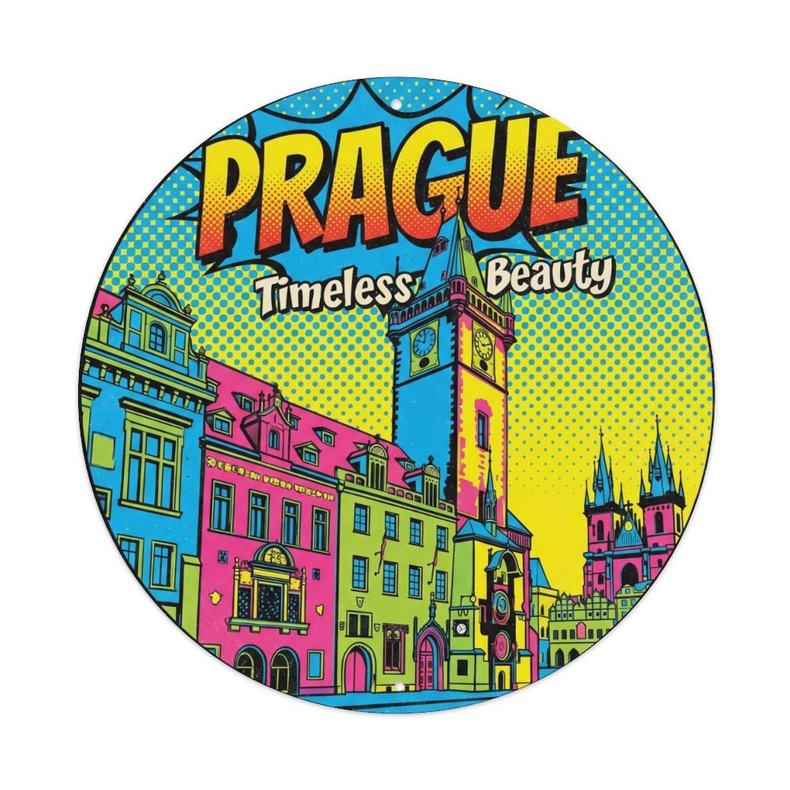 Yrnq Vintage Style Vintage Travel Prague Square Czech Vintage Metal Tin Sign Plaque Wall Decor For Cafe, Club, Garden Round Metal Poster 8X8inch