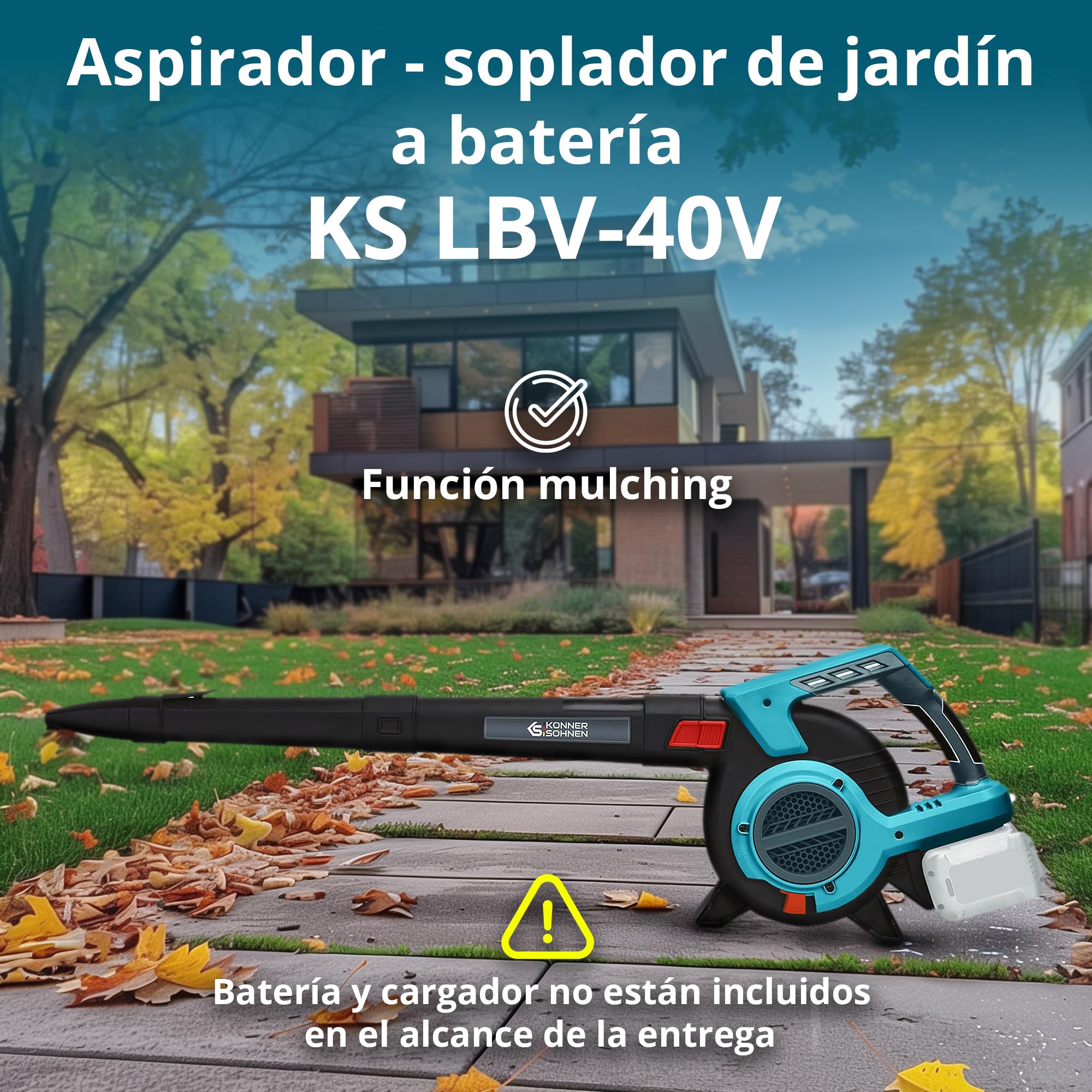K&S Könner&Söhnen Aspirador de jardín sin cable con función de trituración de hojas KS LBV-40V, tensión nominal 40 (20+20) V, velocidad de ralentí 1630 rpm, volumen de la bolsa aspiradora 45 l, 4 velo
