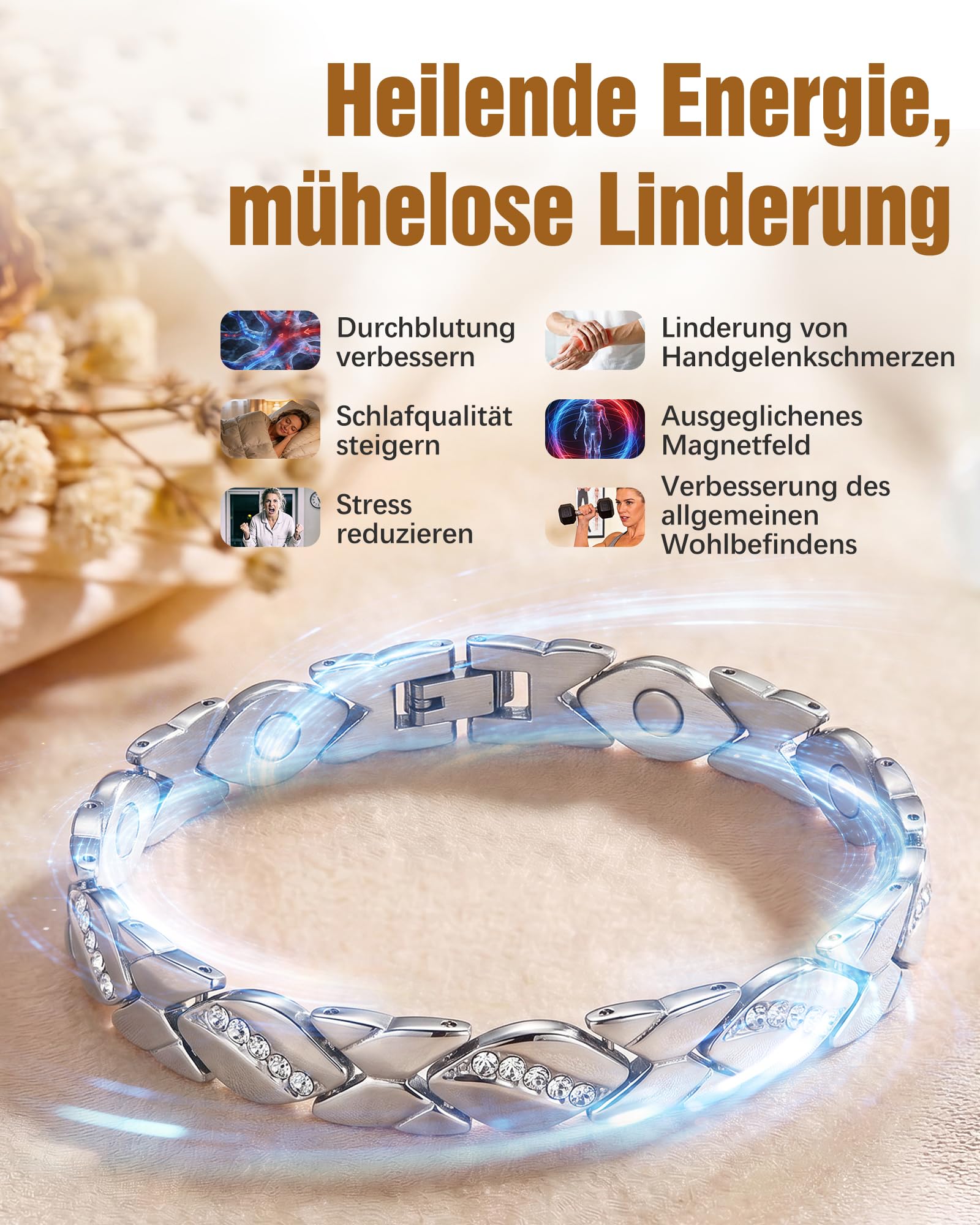Jeracol Magnetarmband Damen und Magnetringe, Reduziert Schmerzen und Arthritis Edelstahl Therapeutisches Magnet Armband einstellbare Größe & Schmuck Geschenkbox Energetix