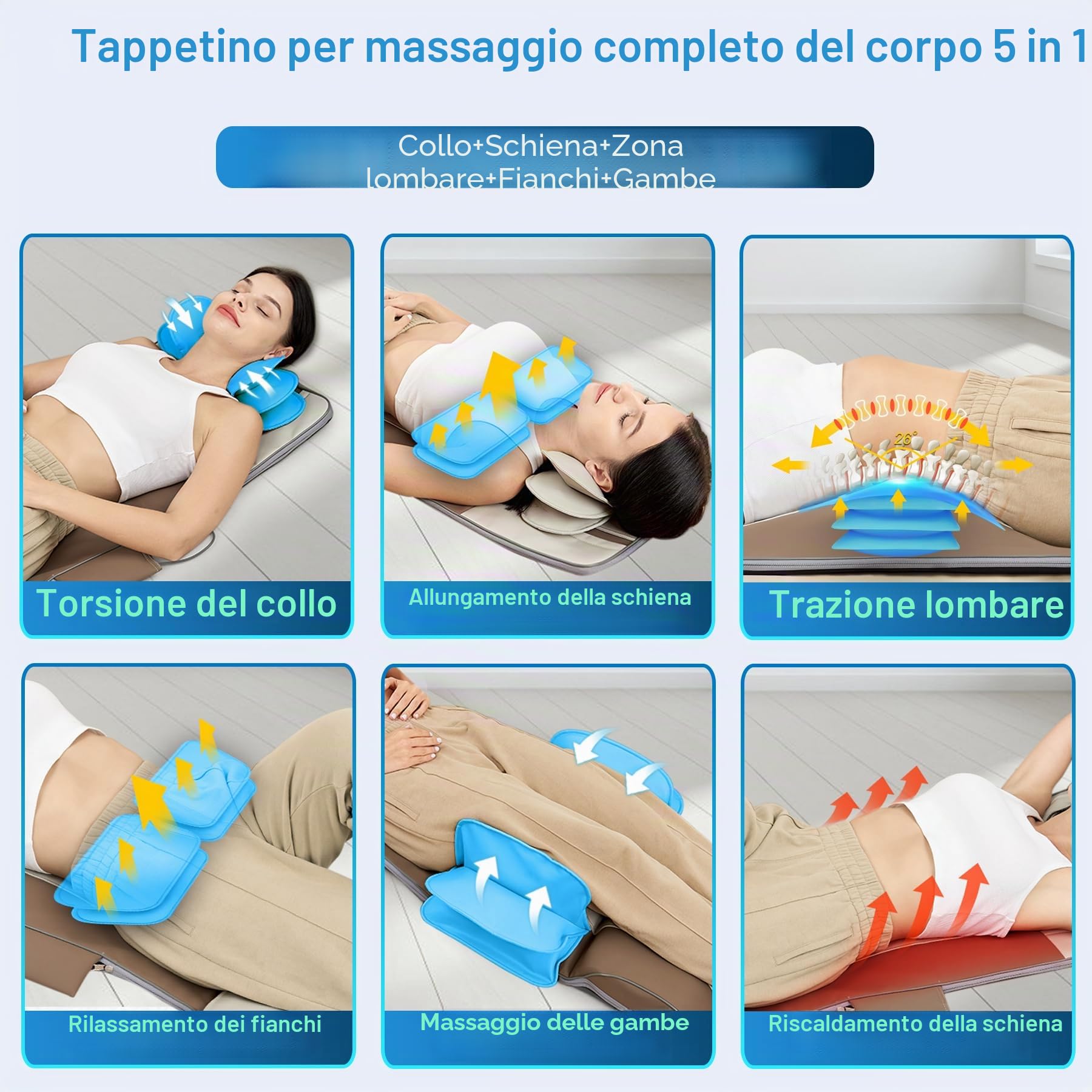 Tappetino massaggio completo con airbag stretching e riscaldamento, trazione lombare, cuscinetto 3D, 4 modalità, 3 intensità, 3 livelli calore, pelle
