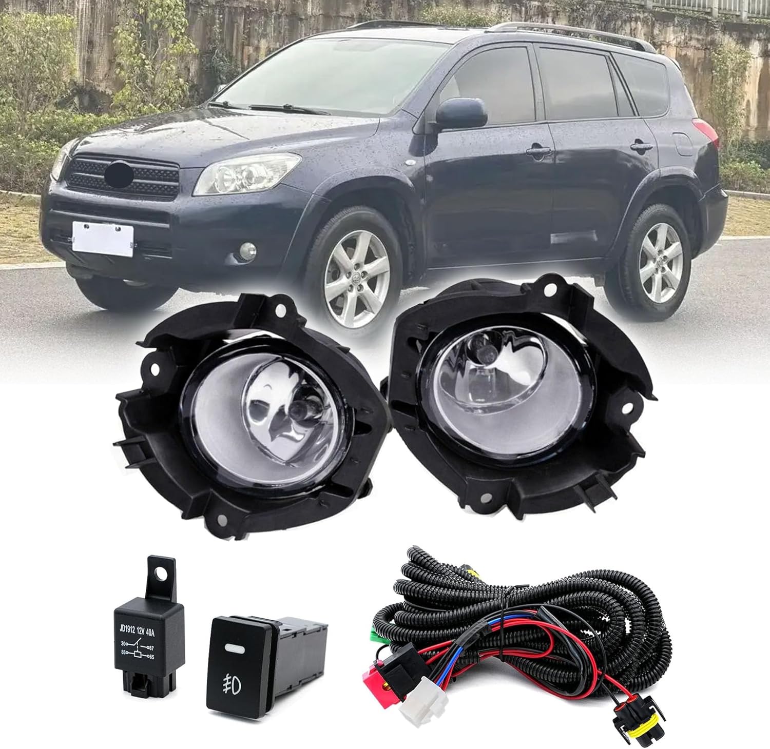 Fog Lights Assembly Driving Fog Lights Lamps Replacement for 2006-2008 Toyota RAV4 with Bulbs- H11 12V 55W (w/Switch and wiring kit) | 81220-06070、81210-06070