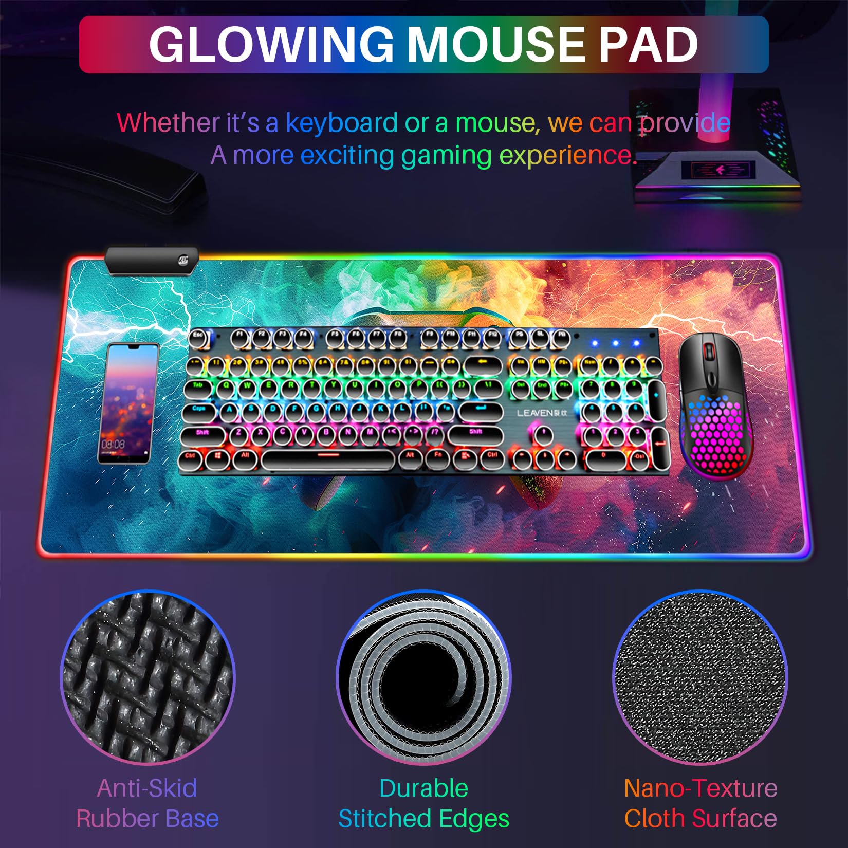 Tapis de souris de jeu à DEL XL avec 14 modes d'éclairage – Tapis de souris lumineux, 80 x 30 cm, antidérapant, style manette de jeu RVB, accessoires de jeu long et lumineux, noir