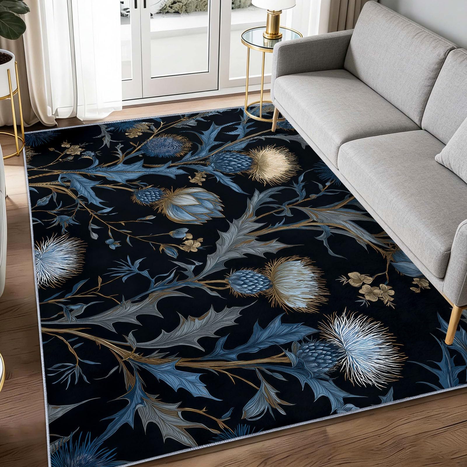 Tapis salon moderne fleurs sauvages bleues lavable 120x180cm