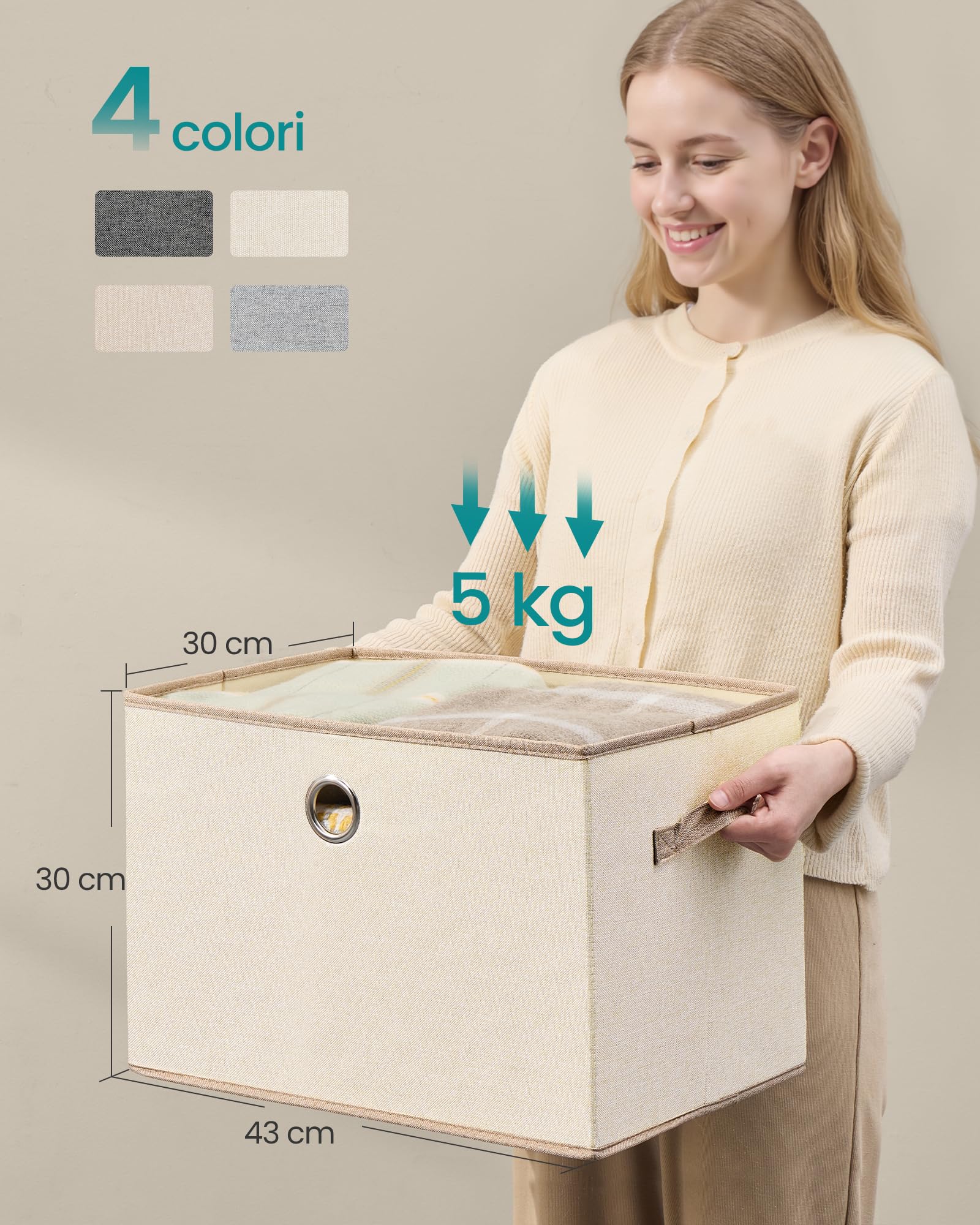 SONGMICS Scatole Portaoggetti con Coperchio, Set di 3 Contenitori in Tessuto, Pannelli Interni in PP Inodori, Pieghevoli e Impilabili, Maniglie, 43 x 30 x 30 cm, Beige Cappuccino RFB545LH01