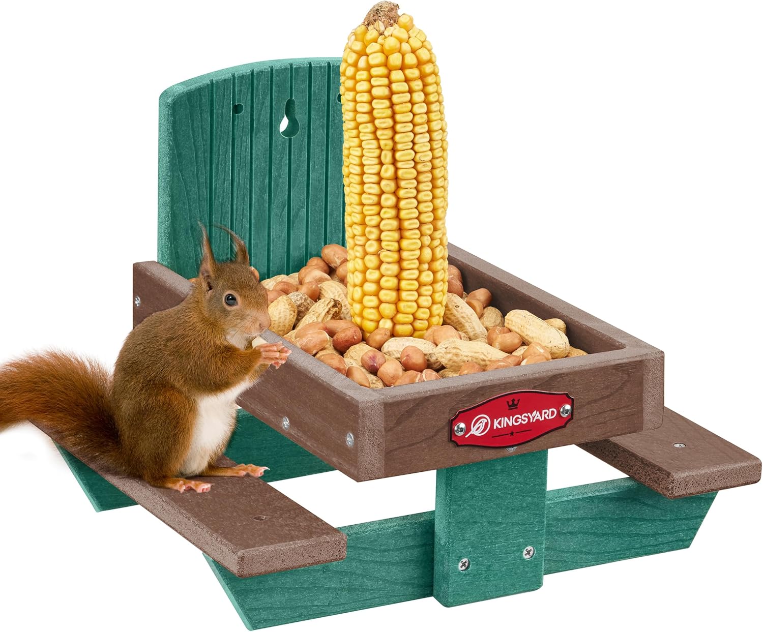 Kingsyard Squirrel Feeder Table for Outside, Recycled Plastic Squirrel & Chipmunk Picnic Table Feeder with Corn Cob Holder, 2 x Solid Structure Benches, Easy to Clean (Green)