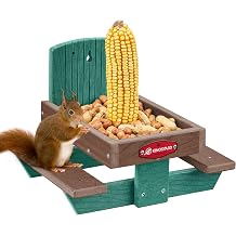 Kingsyard Squirrel Feeder Table for Outside, Recycled Plastic Squirrel & Chipmunk Picnic Table Feeder with Corn Cob Holder, 2 x Solid Structure Benches, Easy to Clean Green