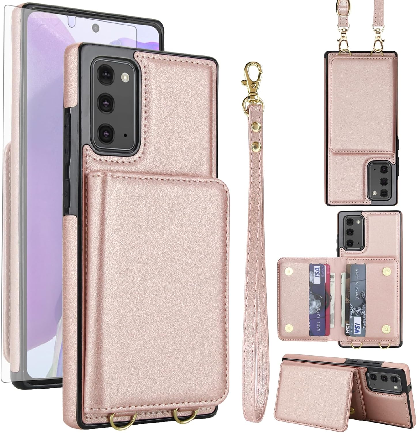 Asuwish Phone Case for Samsung Galaxy Note 20 5G Wallet Cell Cover with Tempered Glass Screen Protector Wrist Crossbody Strap RFID Blocking Card Holder Note20 Notes 20s Twenty Not S20 Women Rose Gold