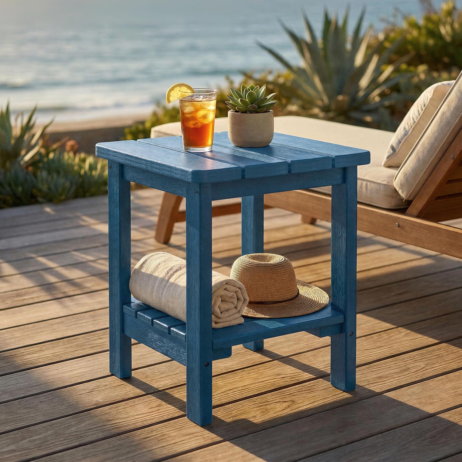 Adirondack Quadratischer Robuster 2-stufiger Beistelltisch aus verstärkter HDPE, Balkontisch & Außentisch für Terrasse, Garten, Pool, Wetterfester Kleiner Tisch (Blau)