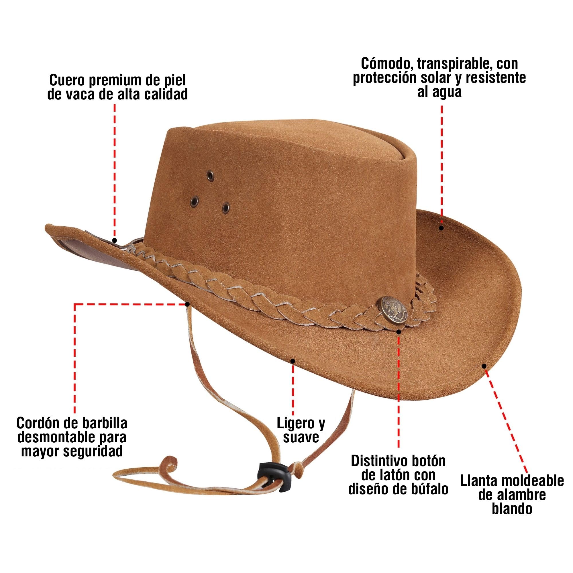 URBAN 5884 Sombrero Vaquero de Cuero de Ante Auténtico, Sombrero Cowboy para Hombre/Mujer, con ala Ancha y Barboquejo Ajustable