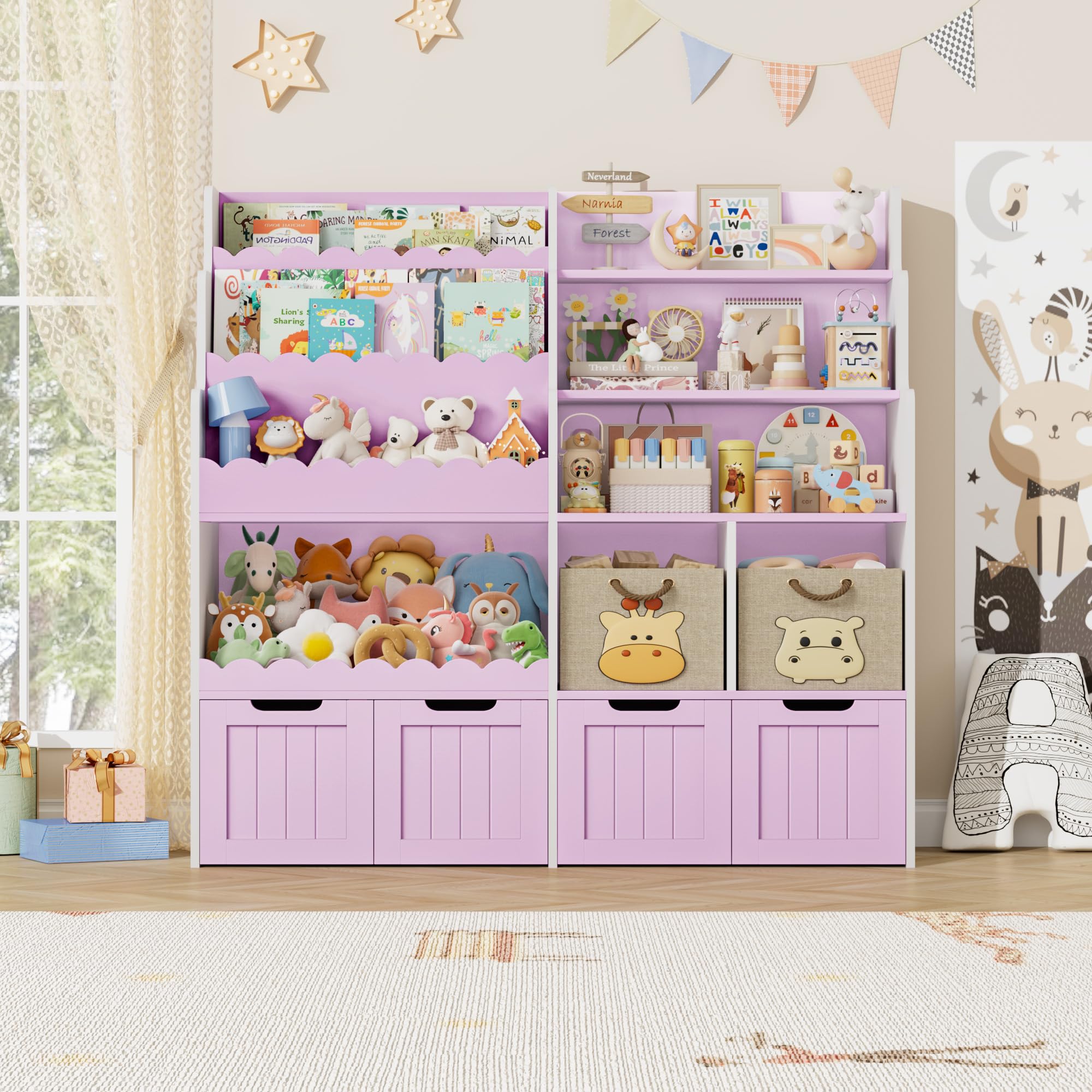 FOREHILL Libreria Montessoriana per Bambini, Porta Giochi Bambini a 4 Cassetti con Ruote Girevoli a 360°, Mobile Porta Giochi con Libreria a 3 Ripiani, 5 Scomparti Aperti, 125.5x40x120 cm (Lilla)