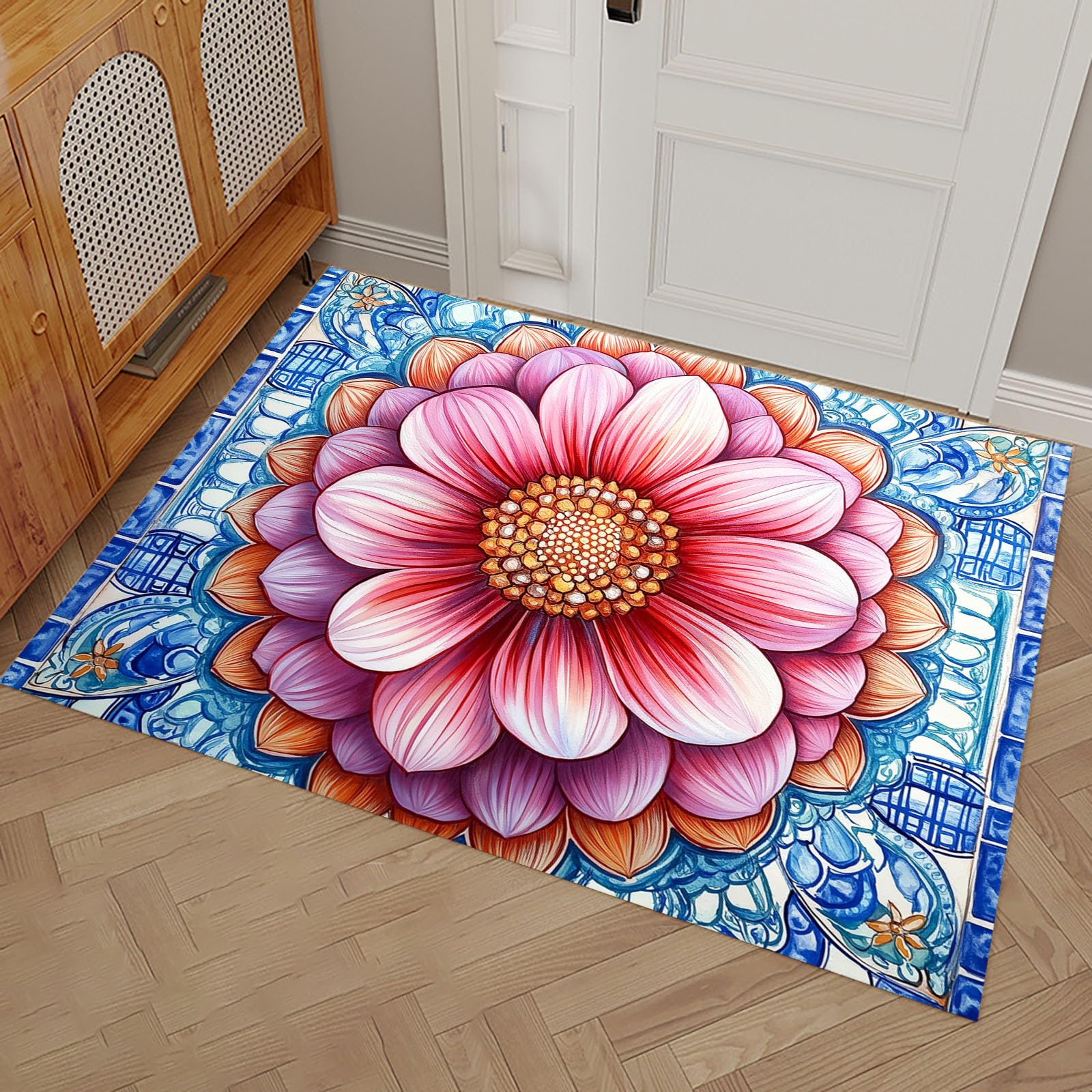 Paillasson Intérieur 90x150cm Bleu - Tapis d'Entrée Floral Absorbant
