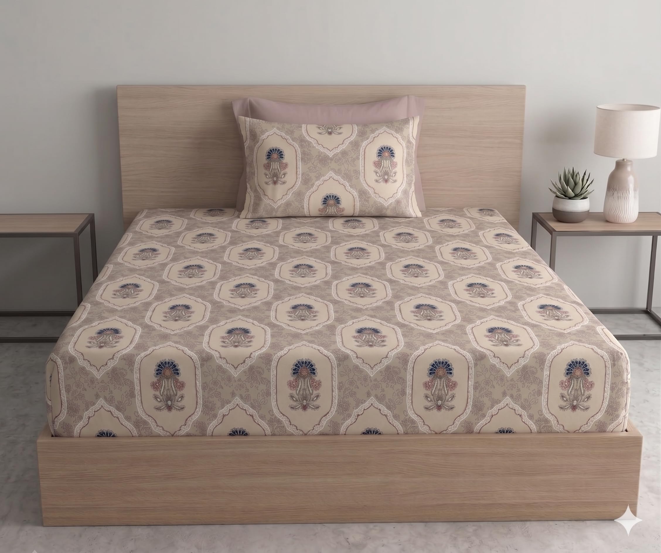 DECOMIZER Cotton Feel All Around Elastic Fitted Glace Printed Single Bed Bedsheet with 1 Large Pillow Cover Fits Upto Mattress of 6 Inches,Size - 42 x 75 x 8 Inches, Beige Vase Flower