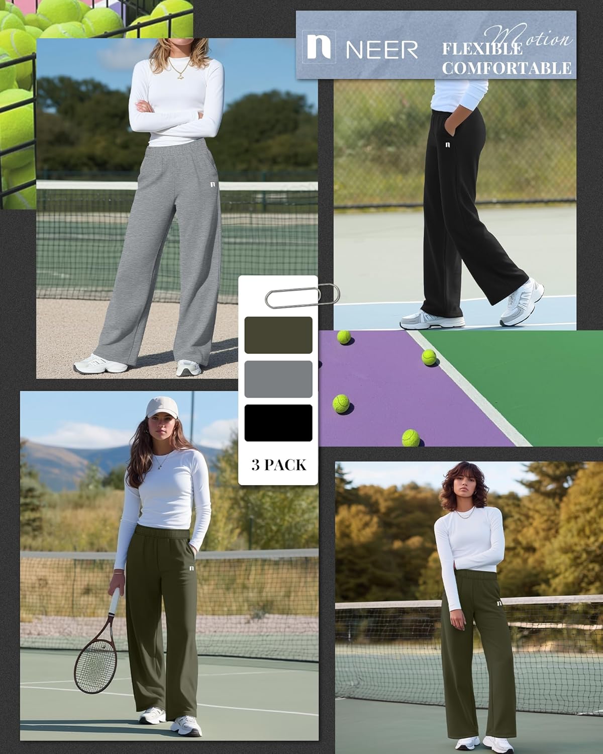 Neer 3 Pack Womens Wide Leg Sweatpants Lounge Athletic Joggers Elastic Waist Baggy Straight Leg Long Pants with Pockets - Image 4