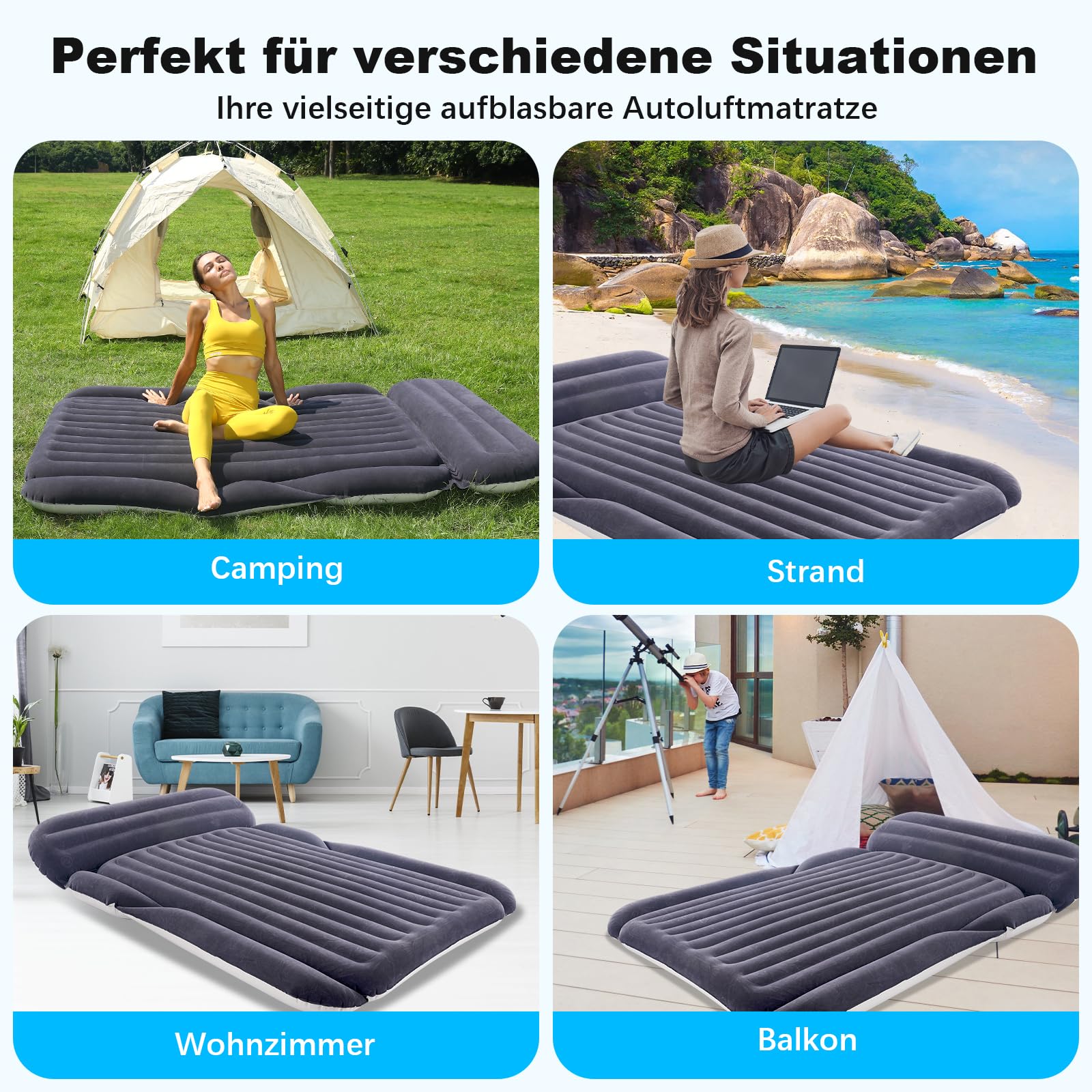 KMZ SUV Luftmatratze mit 2 Kissen – Dickere und Beflockung Auto-Bett – Bewegliche Reisen Matratze für Camping & Outdoor – Schnelles Aufblasbare & Entleeren mit elektrische Luftpumpe